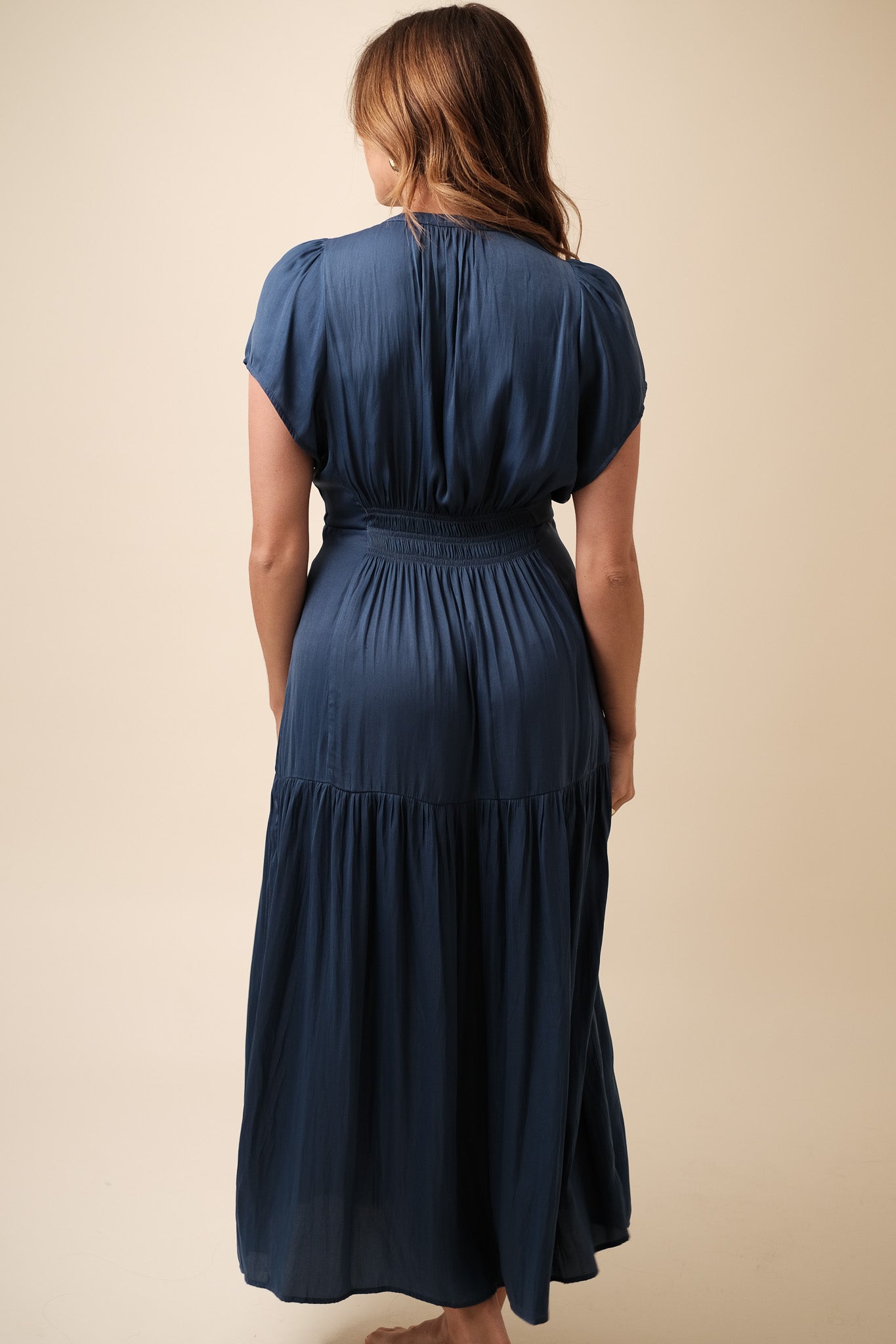 Karter Satin Smocked Midi Dress (Blue)