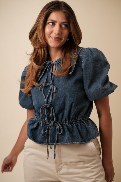 Sofie the Label Milan Denim Tie Accent Peplum Top (M)