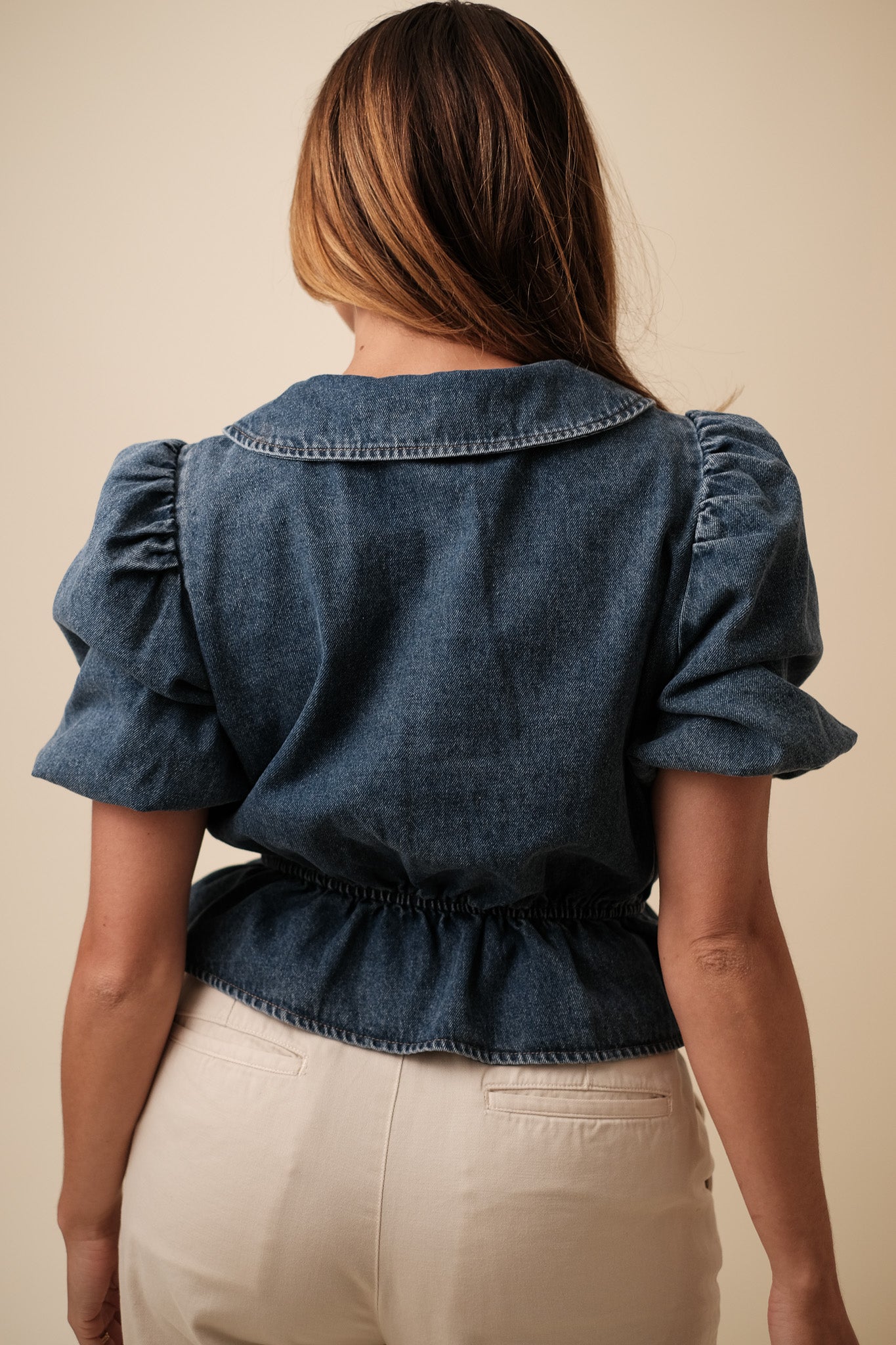 Sofie the Label Milan Denim Tie Accent Peplum Top (M)