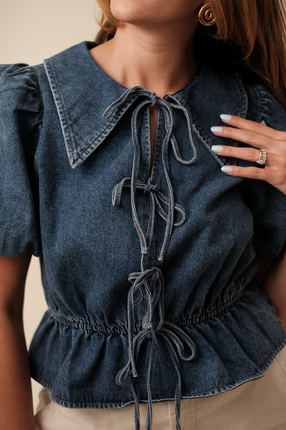 Sofie the Label Milan Denim Tie Accent Peplum Top (M)