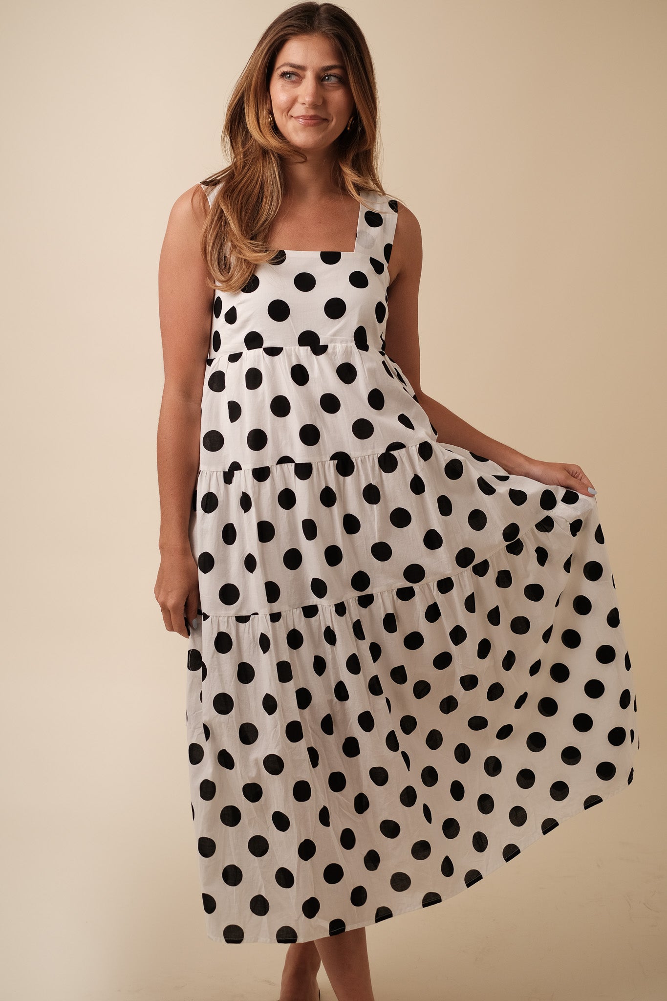 Aureum Maria Polka Dot Tiered Tank Midi Dress (XS)