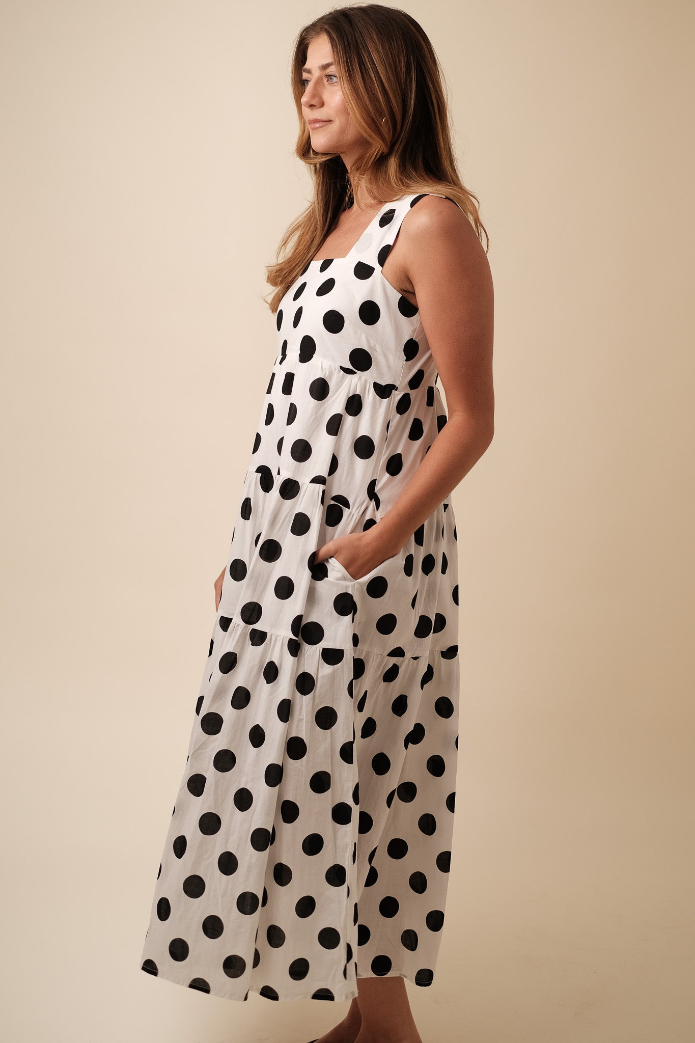 Aureum Maria Polka Dot Tiered Tank Midi Dress (XS)