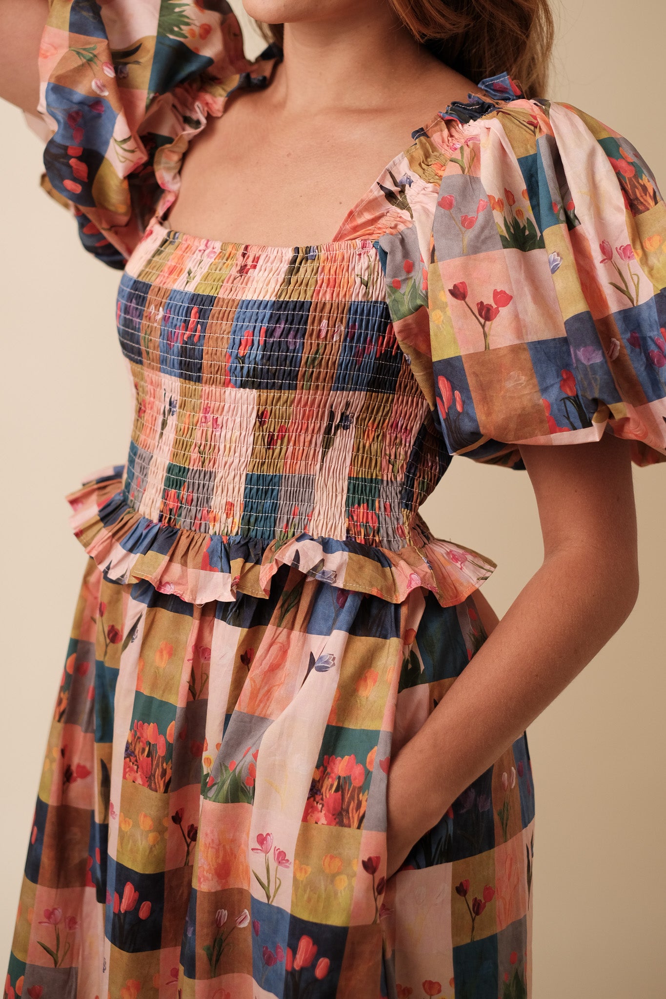Aureum Mila Floral Tile Print Puff Sleeve Midi Dress