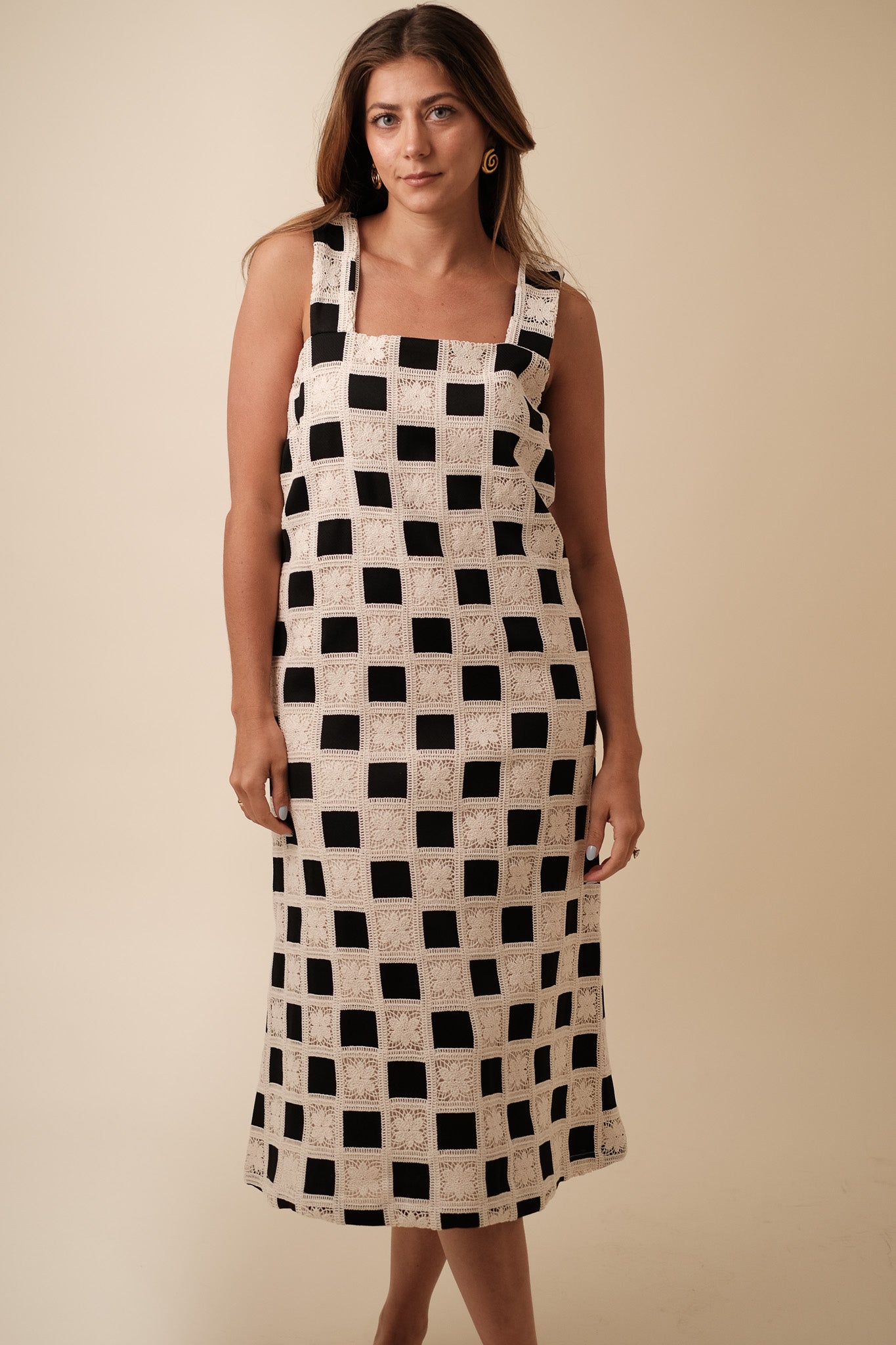 Aureum Mia Crochet Checkered Tank Midi Dress (Black)