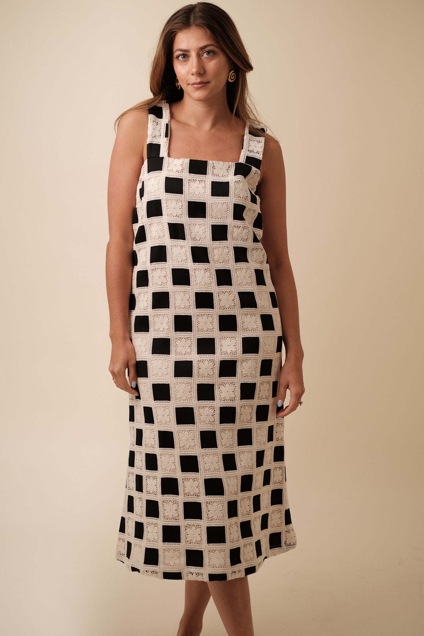 Aureum Mia Crochet Checkered Tank Midi Dress (Black) M