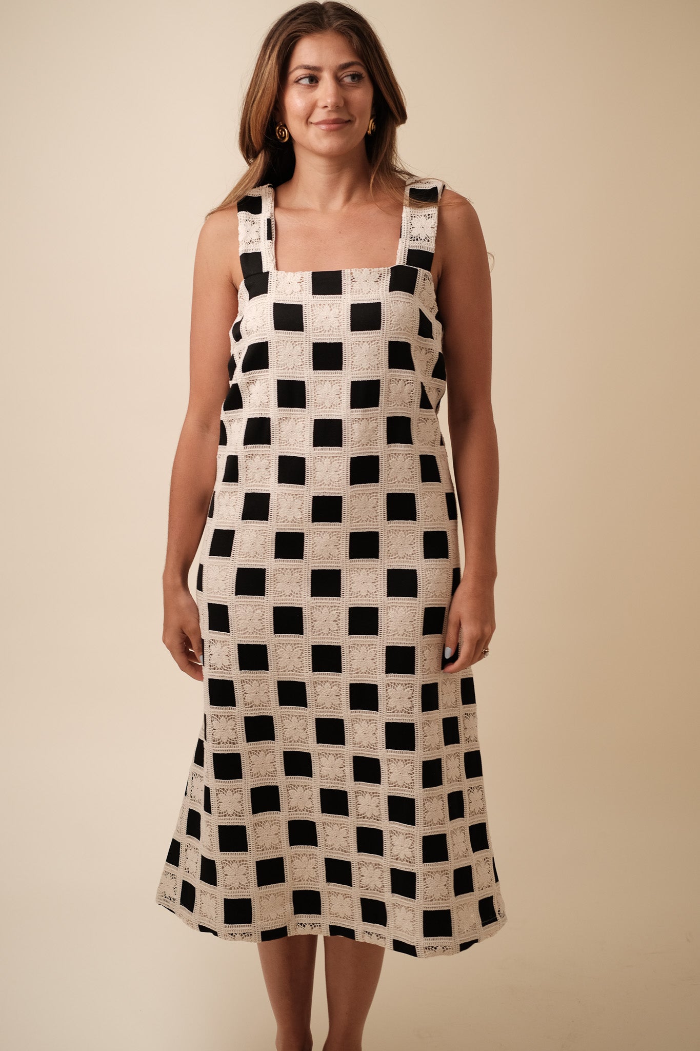 Aureum Mia Crochet Checkered Tank Midi Dress (Black) M