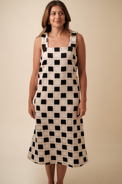 Aureum Mia Crochet Checkered Tank Midi Dress (Black) M