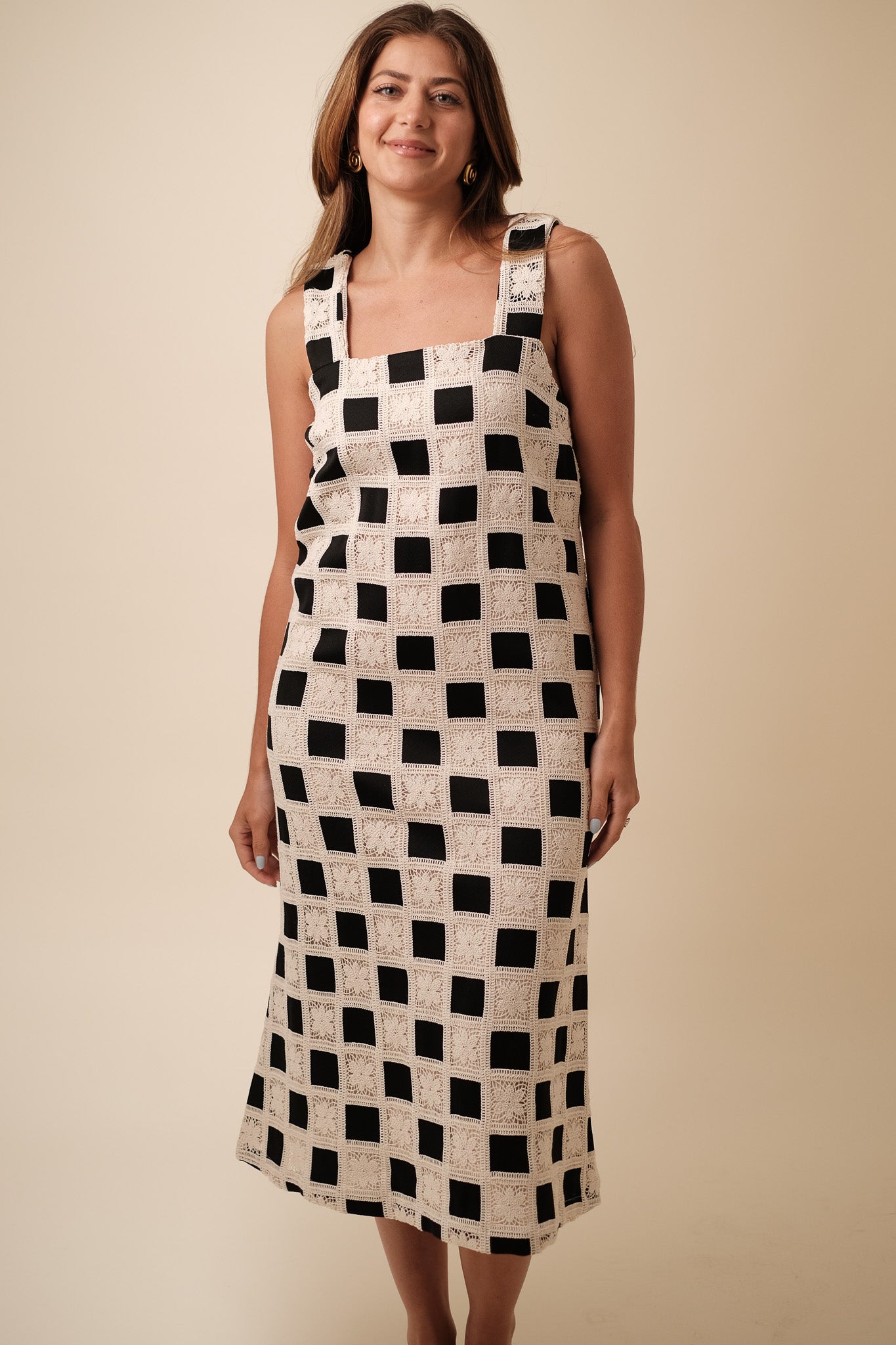Aureum Mia Crochet Checkered Tank Midi Dress (Black) M