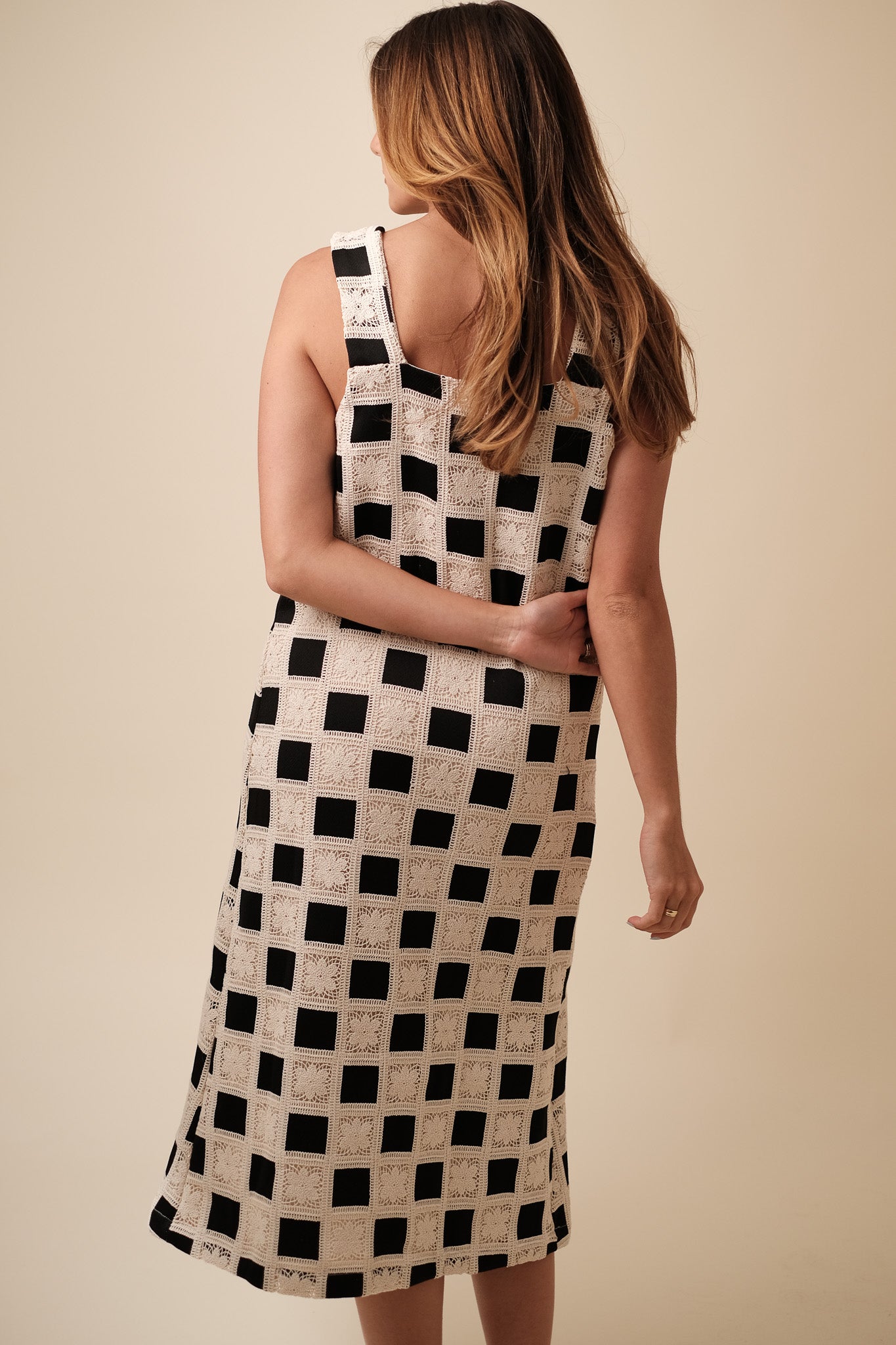 Aureum Mia Crochet Checkered Tank Midi Dress (Black) M