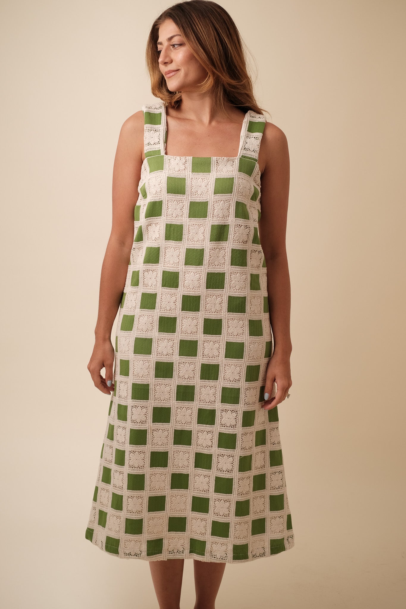 Aureum Mia Crochet Checkered Tank Midi Dress (Green)