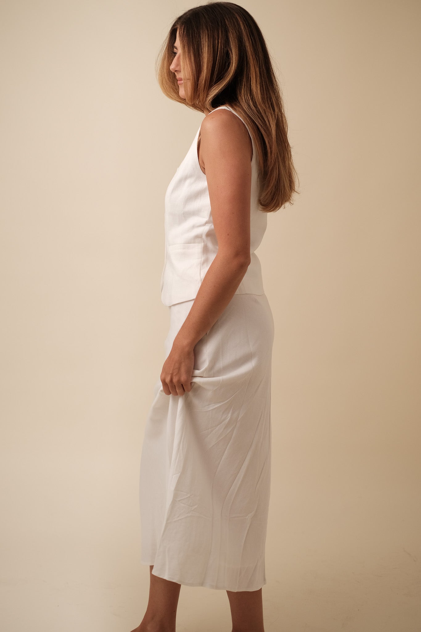Lucy Paris Carmy White Linen Midi Skirt