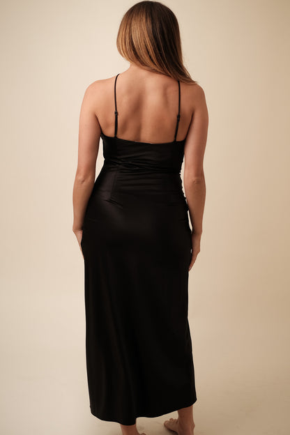 Natalia Black Satin Rose Bud Halter Maxi Dress