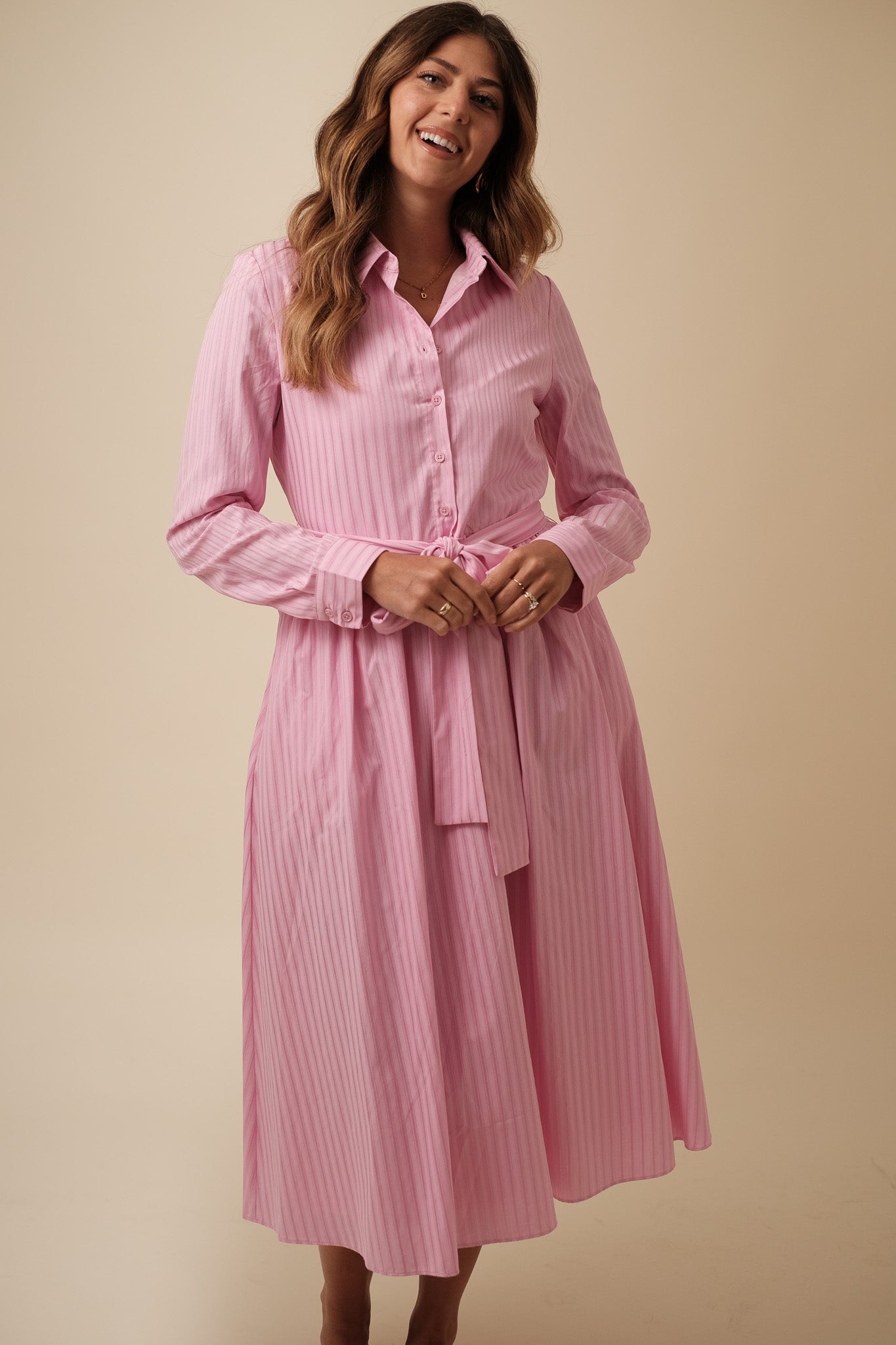 English Factory Pamela Pink Striped Tie Waist Midi Dress