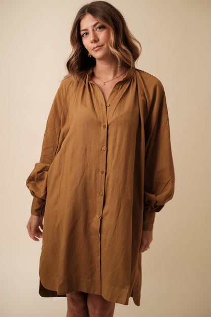 FRNCH Carene Linen Buttoned Mini Dress (Brown) S