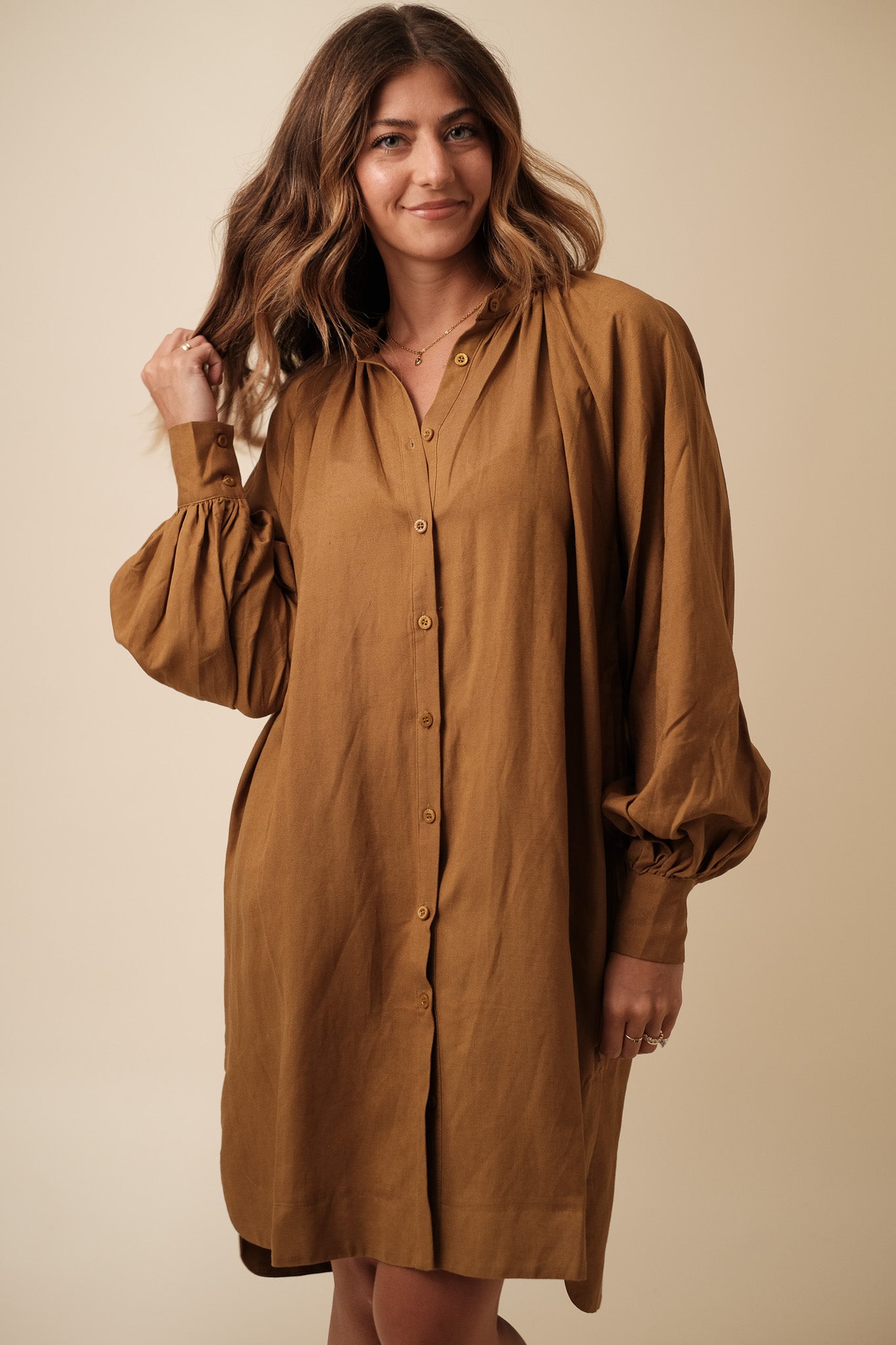 FRNCH Carene Linen Buttoned Mini Dress (Brown) S