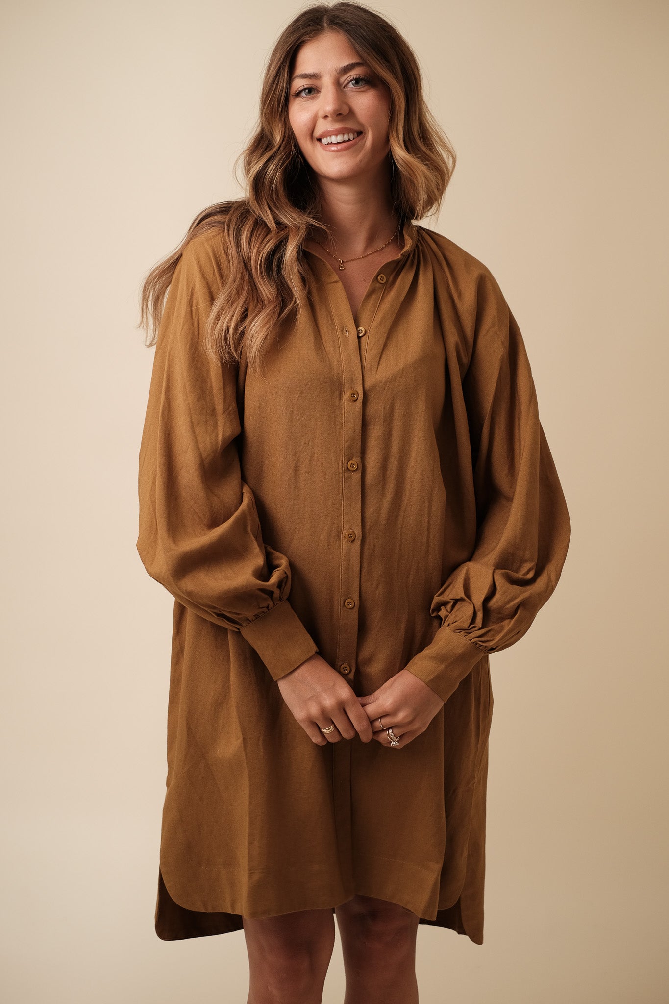 FRNCH Carene Linen Buttoned Mini Dress (Brown) S