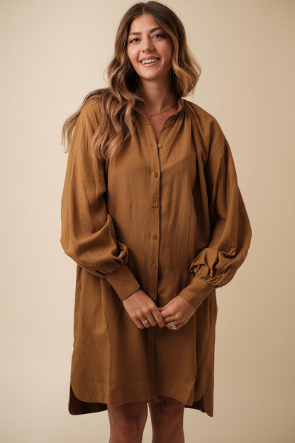 FRNCH Carene Linen Buttoned Mini Dress (Brown) S