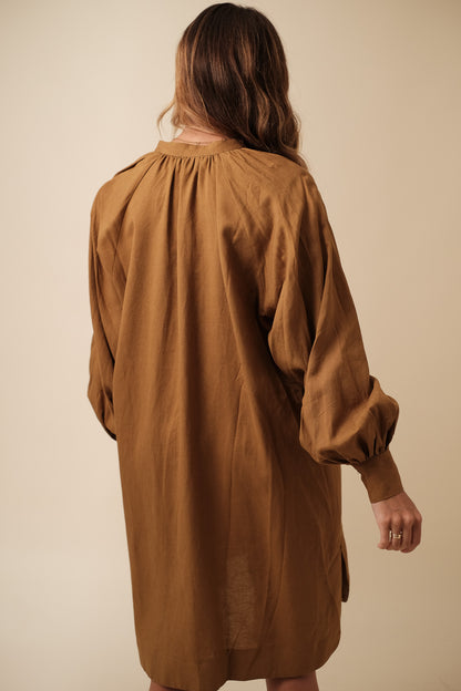 FRNCH Carene Linen Buttoned Mini Dress (Brown) S