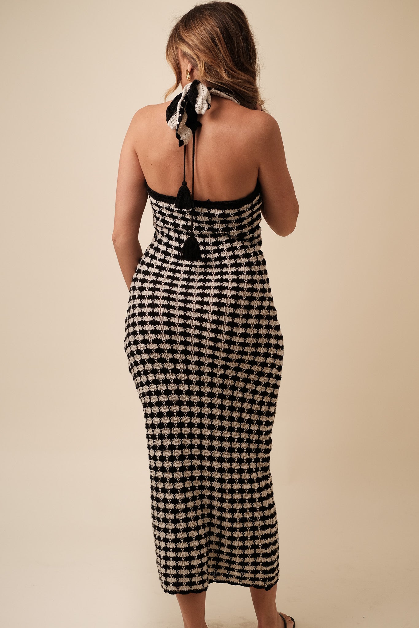 Miou Muse Priya Crochet Halter Maxi Dress (Black)
