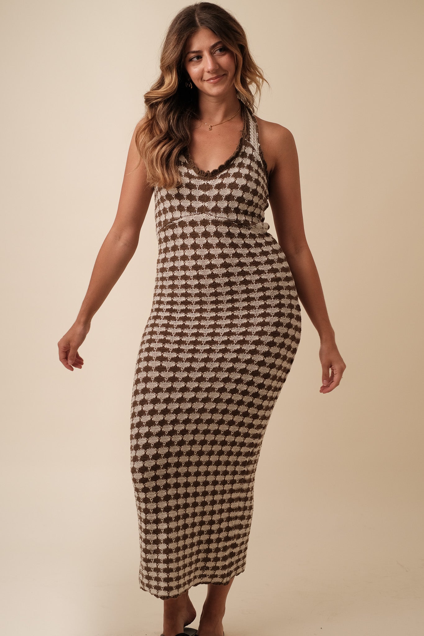 Miou Muse Priya Crochet Halter Maxi Dress (Olive)