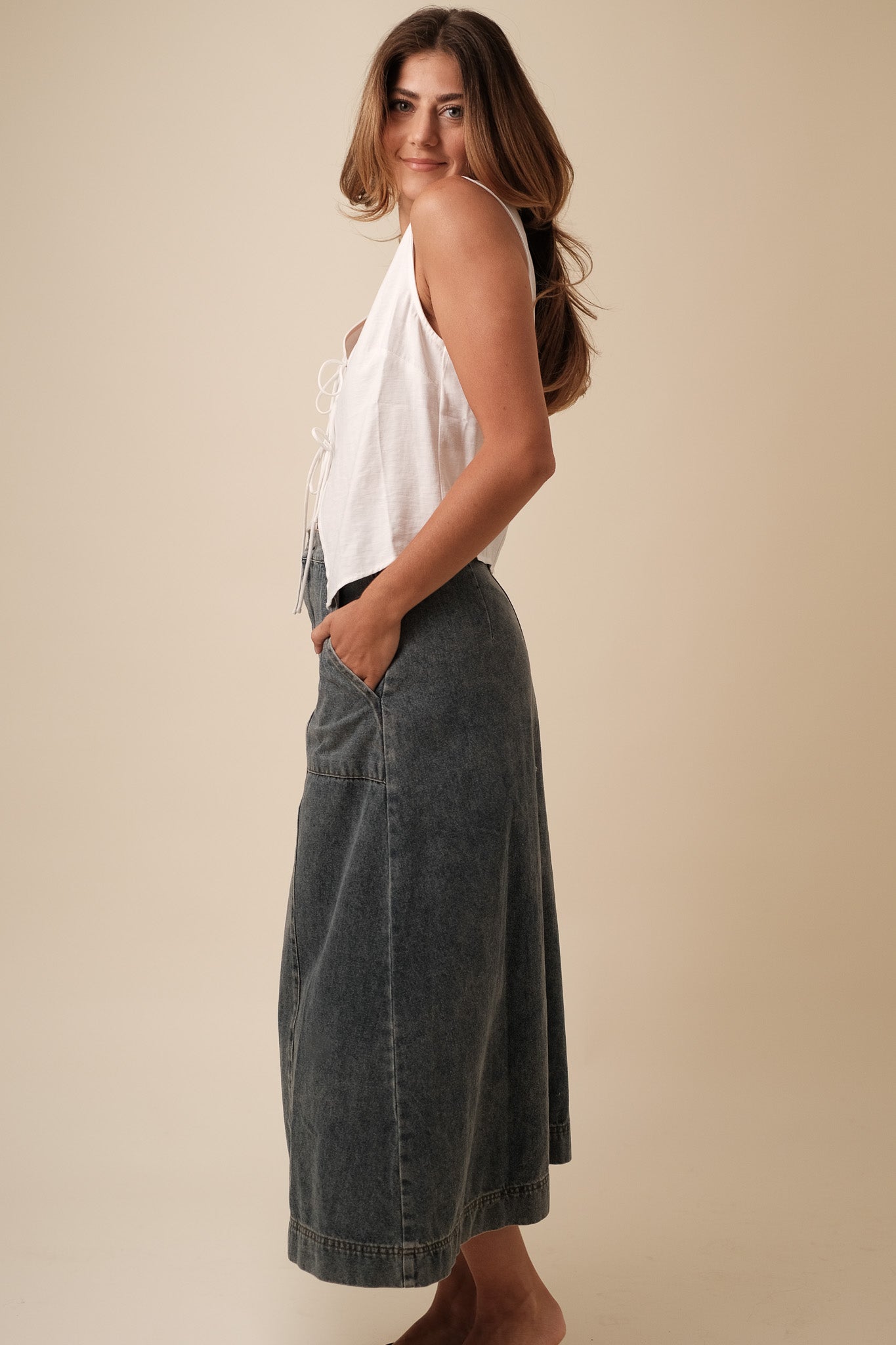 Sutton Medium Wash Denim Patch Pocket Midi Skirt (M)