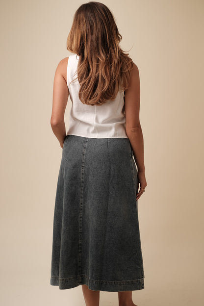 Sutton Medium Wash Denim Patch Pocket Midi Skirt (M)
