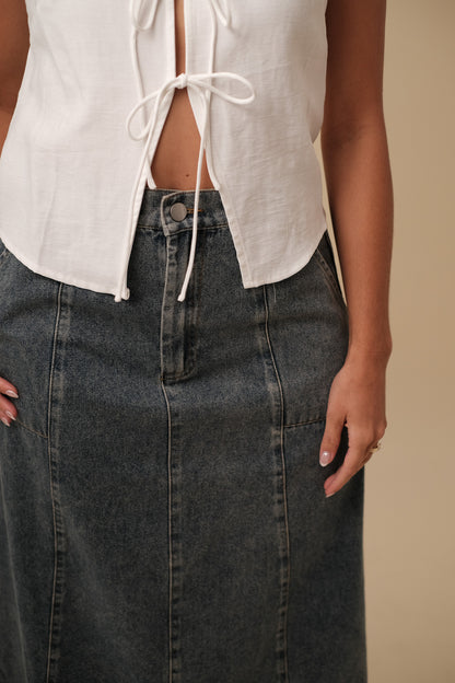 Sutton Medium Wash Denim Patch Pocket Midi Skirt (M)