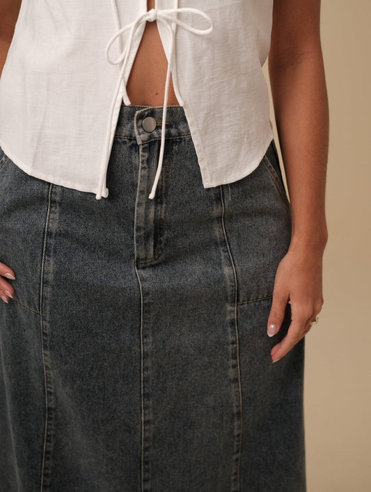 Sutton Medium Wash Denim Patch Pocket Midi Skirt (M)