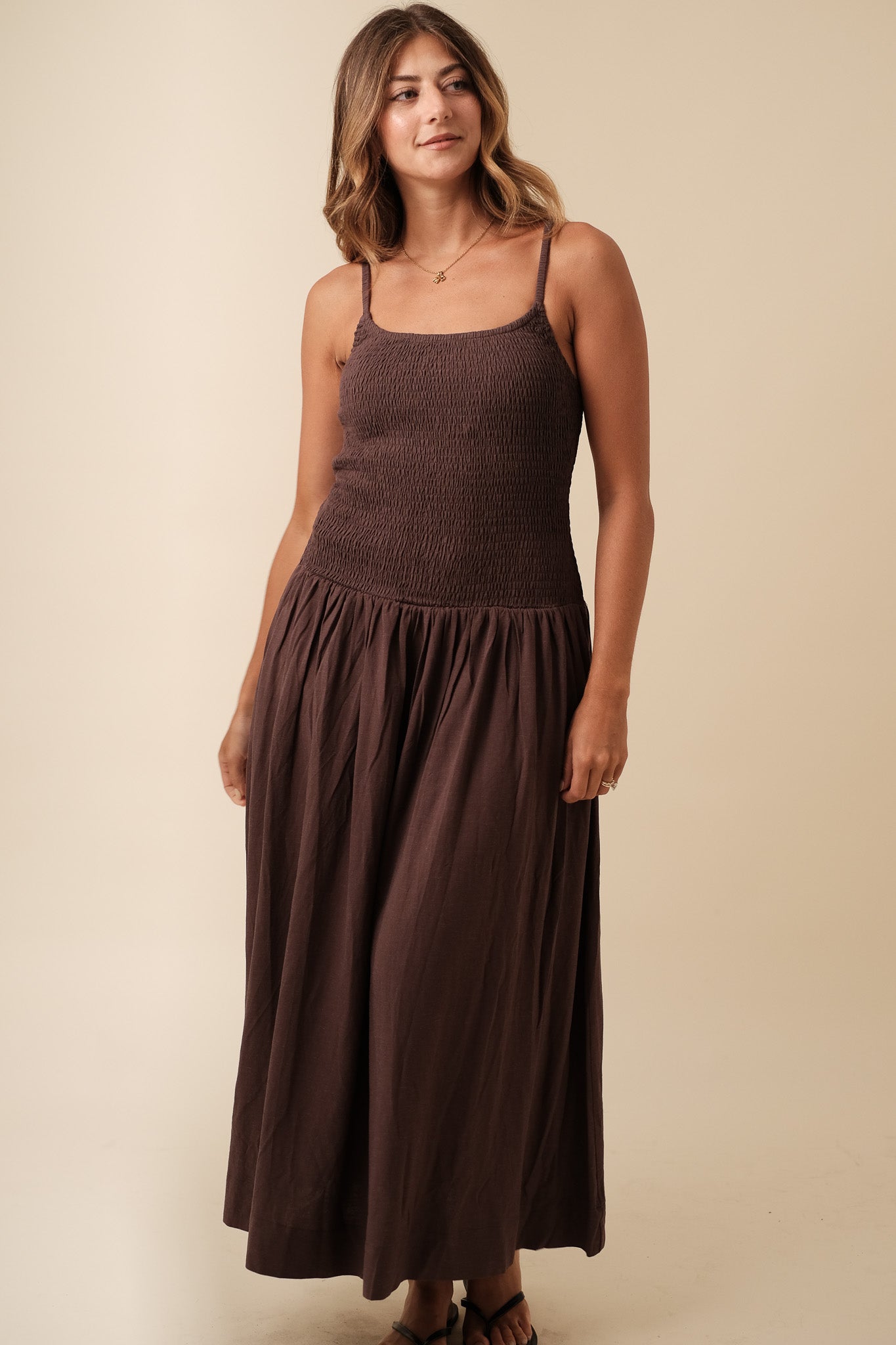 Marcella Chestnut Linen Smocked Midi Dress (M)