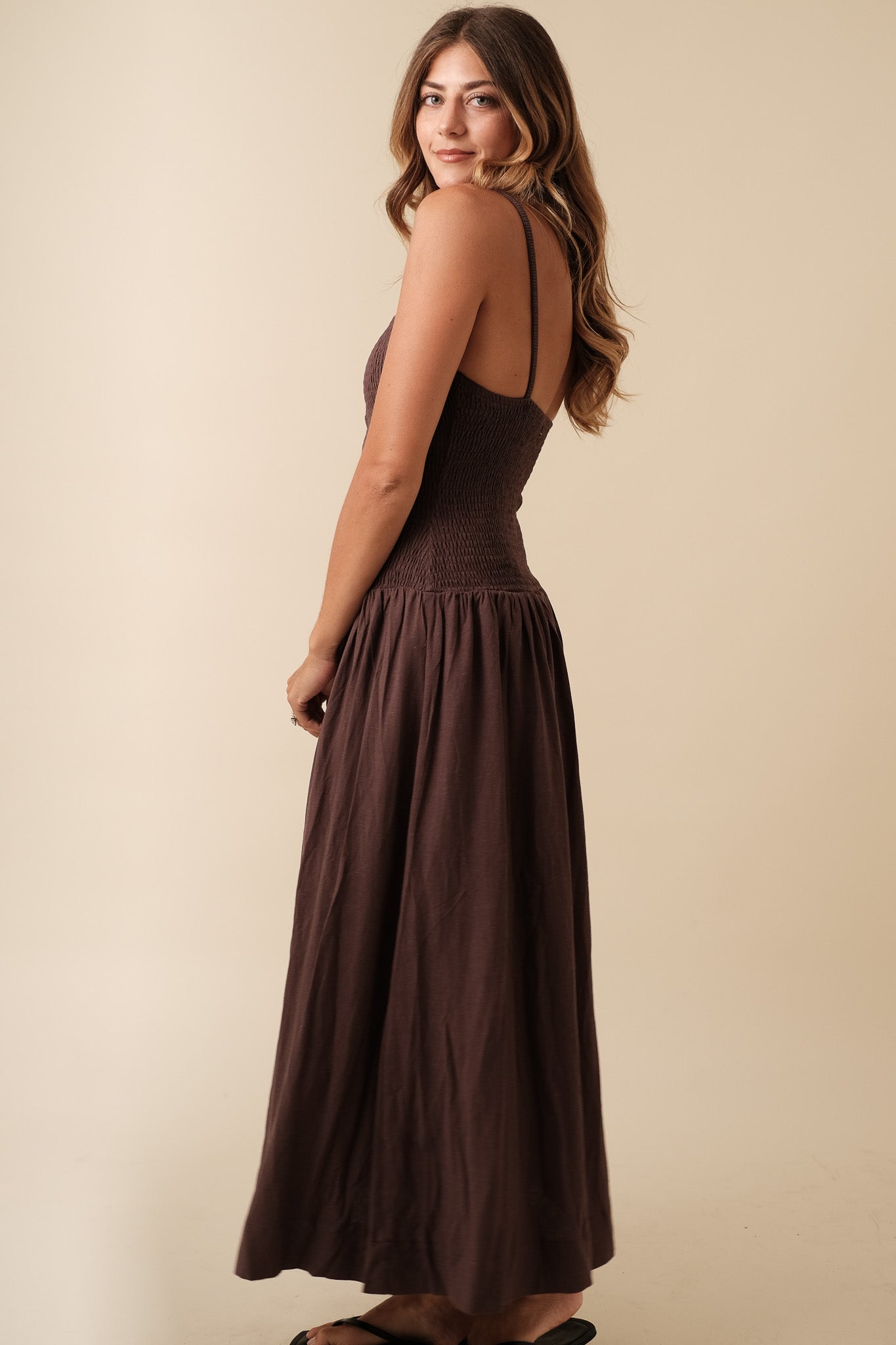 fitted lace wedding dress Marcella Chestnut Linen Smocked Midi Dress (M) – Momni Boutique