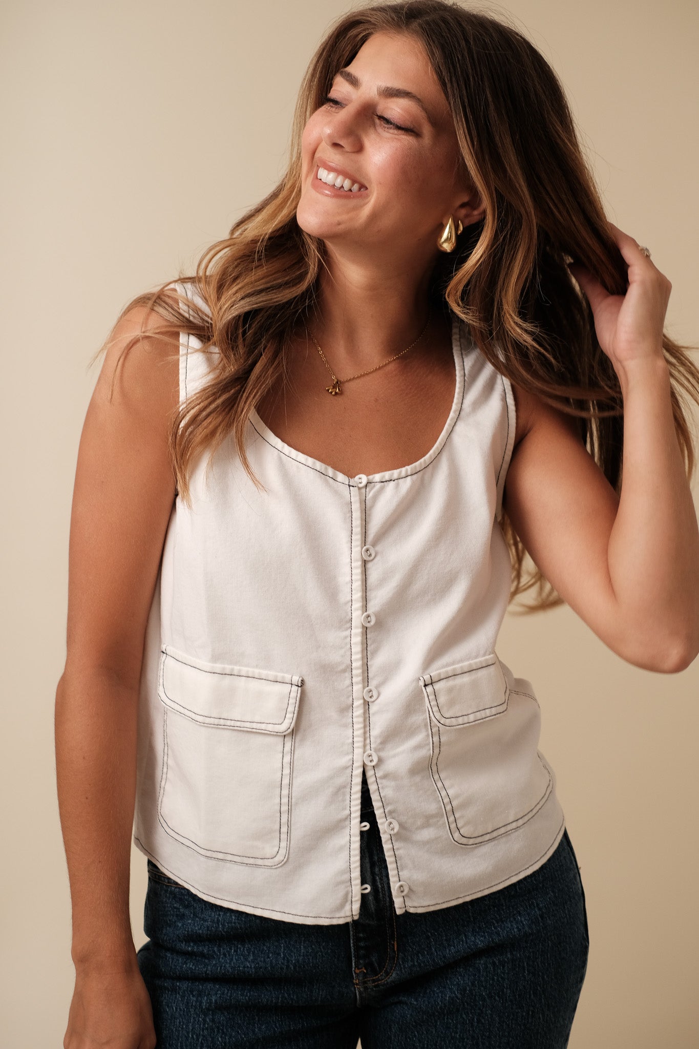 Needii Zola Linen Sleeveless Contrast Stitch Cargo Vest (M)