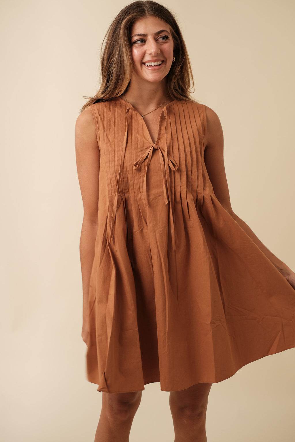 Charlotte Pintuck Poplin Cotton Mini Dress (Rust)