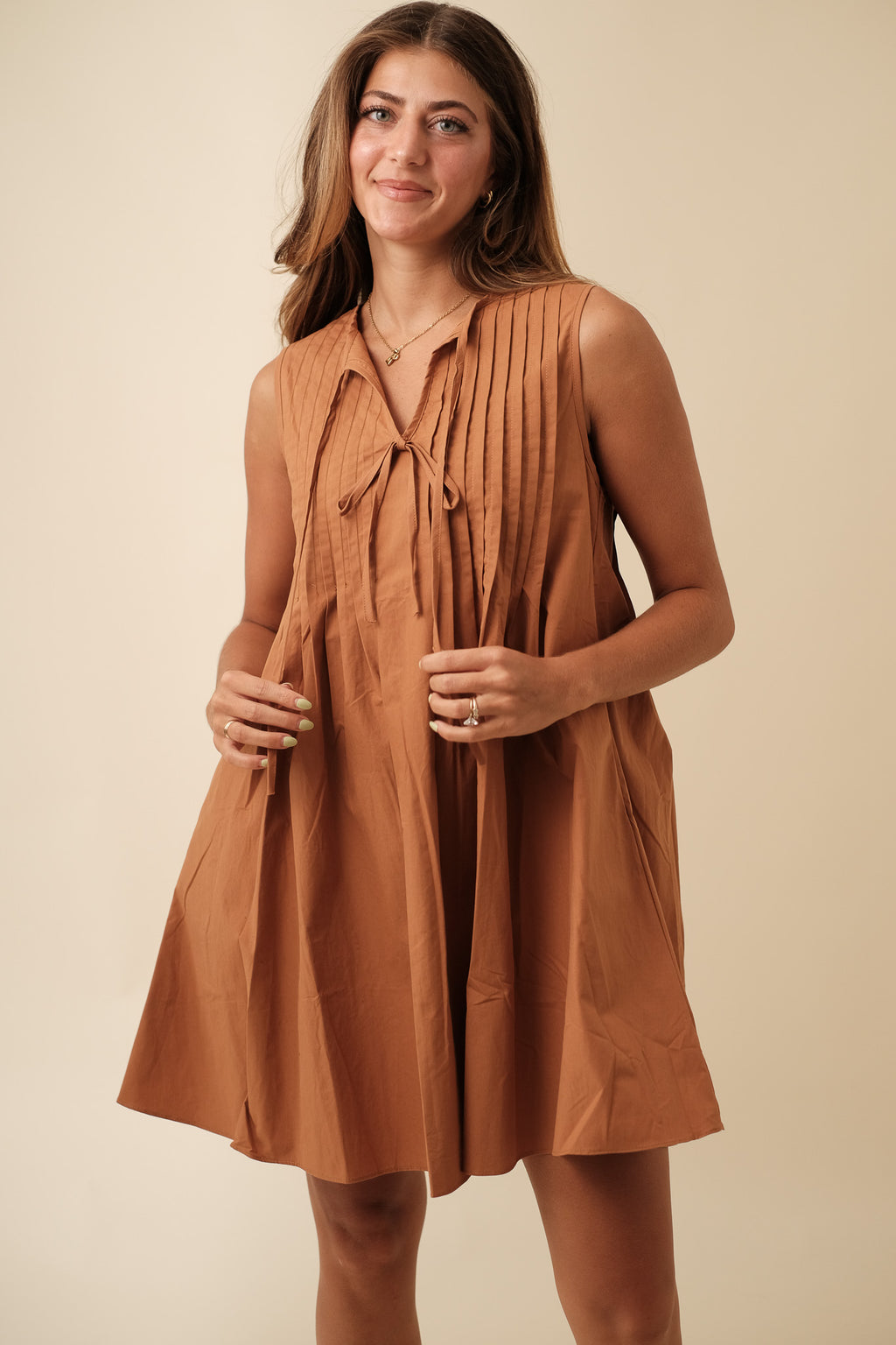 Charlotte Pintuck Poplin Cotton Mini Dress (Rust)