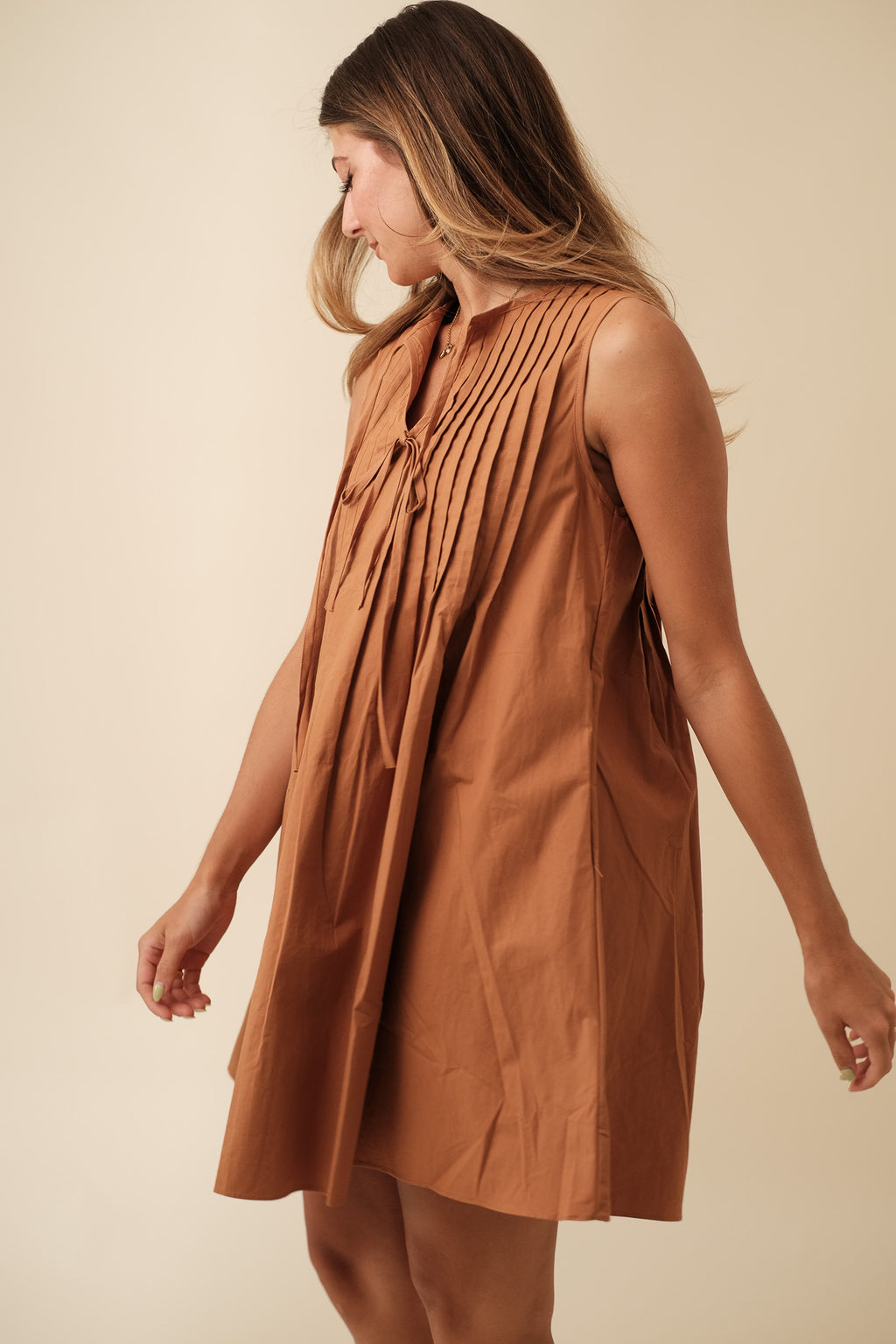 Charlotte Pintuck Poplin Cotton Mini Dress (Rust)