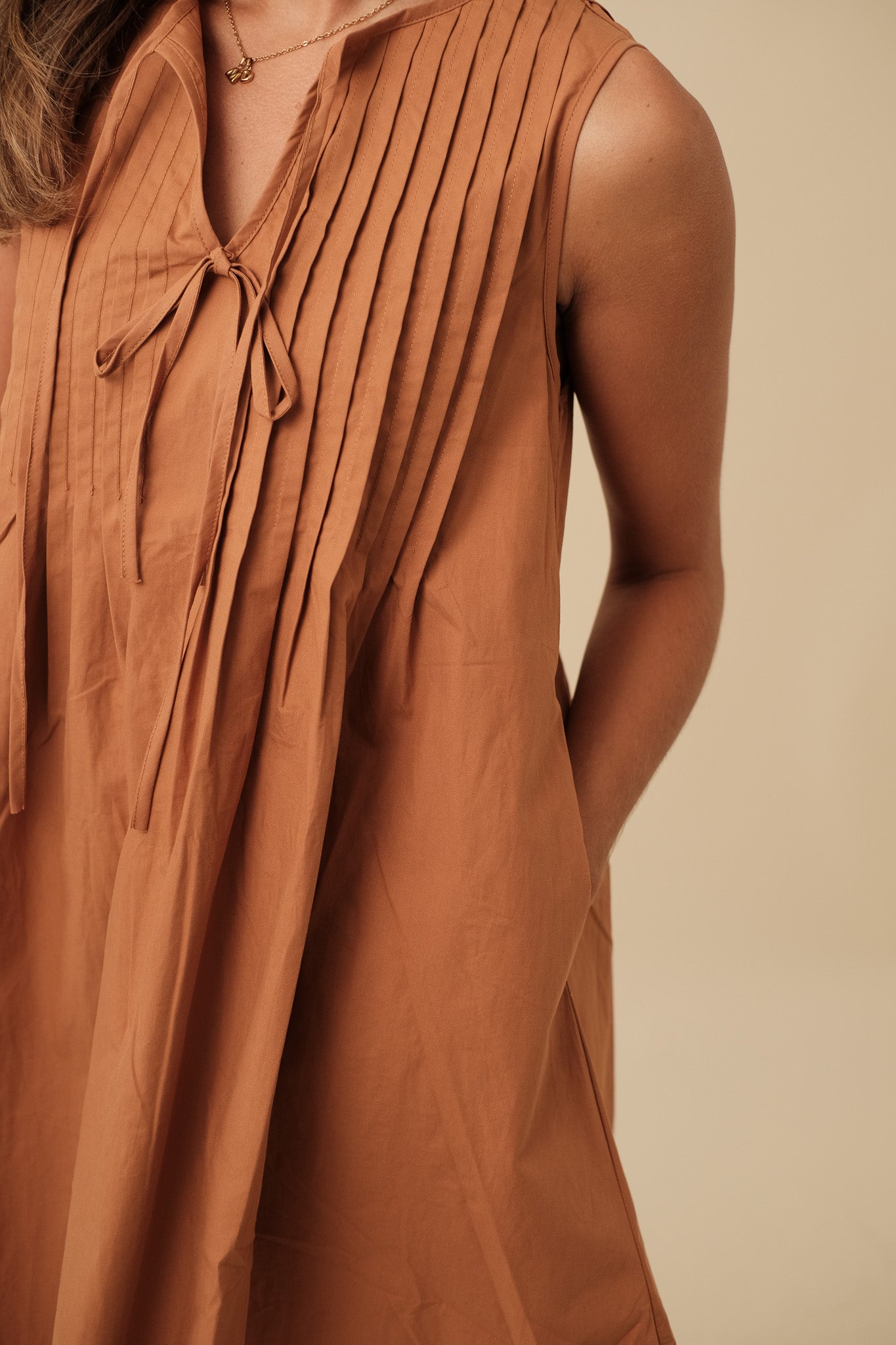 Charlotte Pintuck Poplin Cotton Mini Dress (Rust)