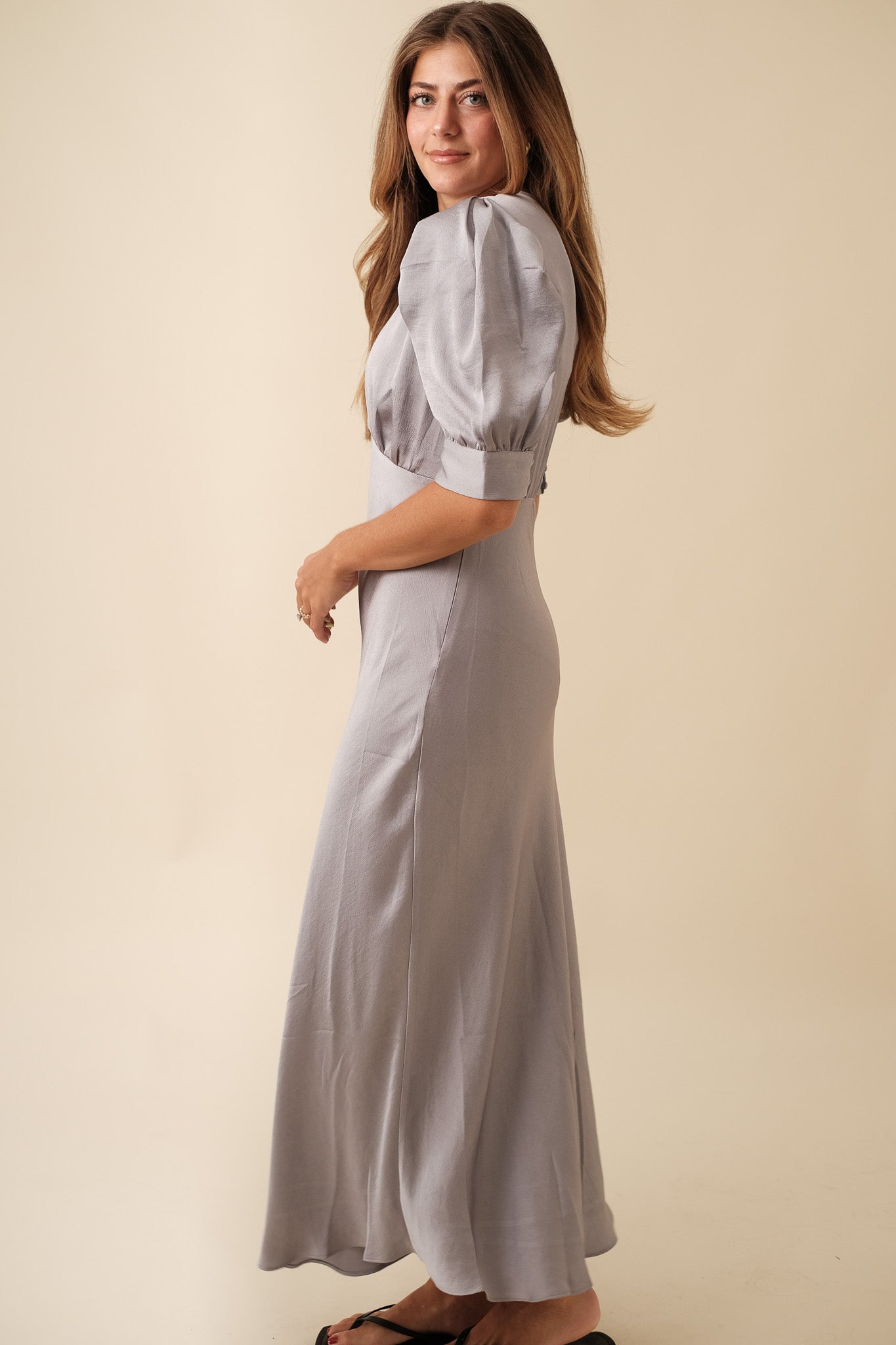 Current Air Bessie Puff Sleeve Midi Dress (Silver)