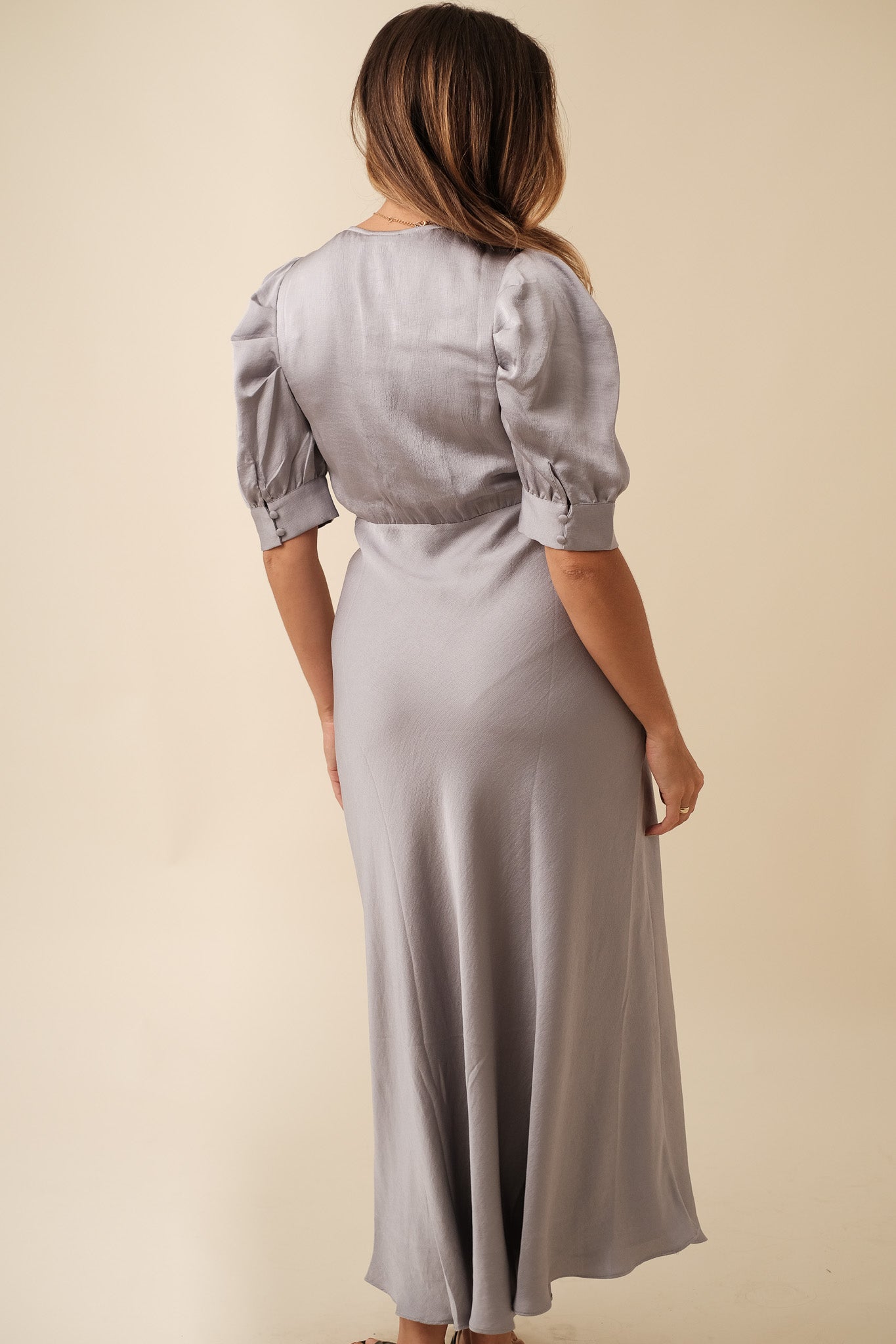 Current Air Bessie Puff Sleeve Midi Dress (Silver)