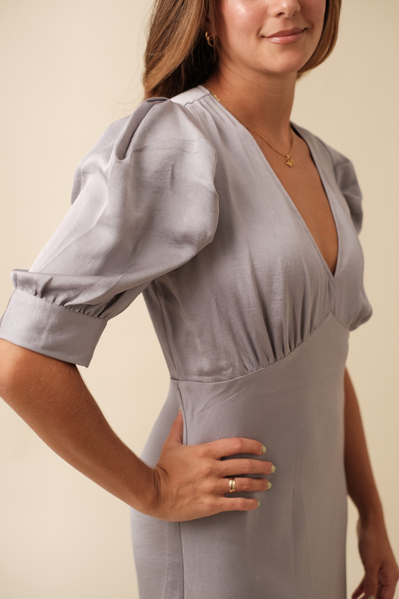 Current Air Bessie Puff Sleeve Midi Dress (Silver)