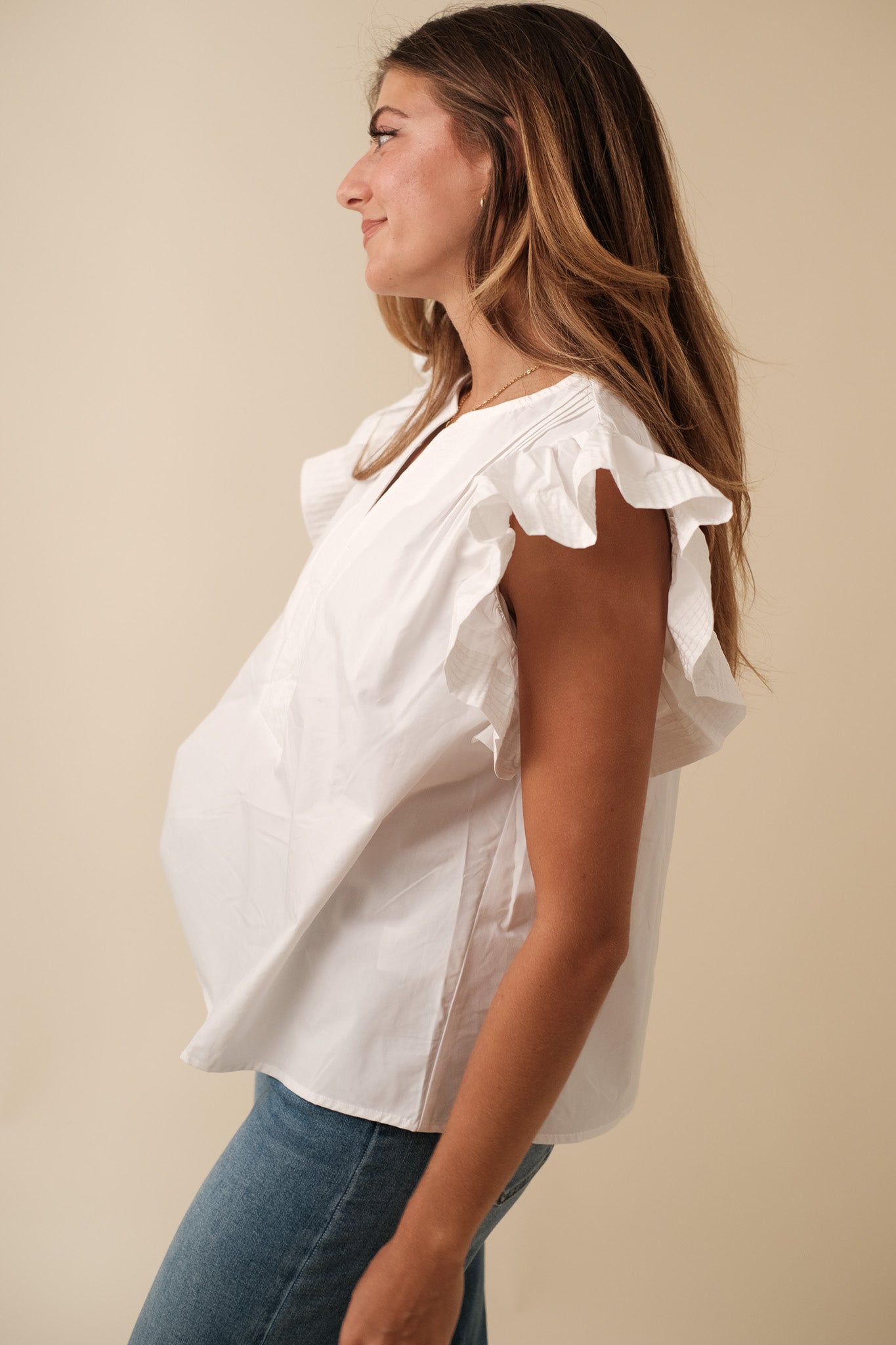 Addison Cotton Flutter Sleeve Poplin Top (White)