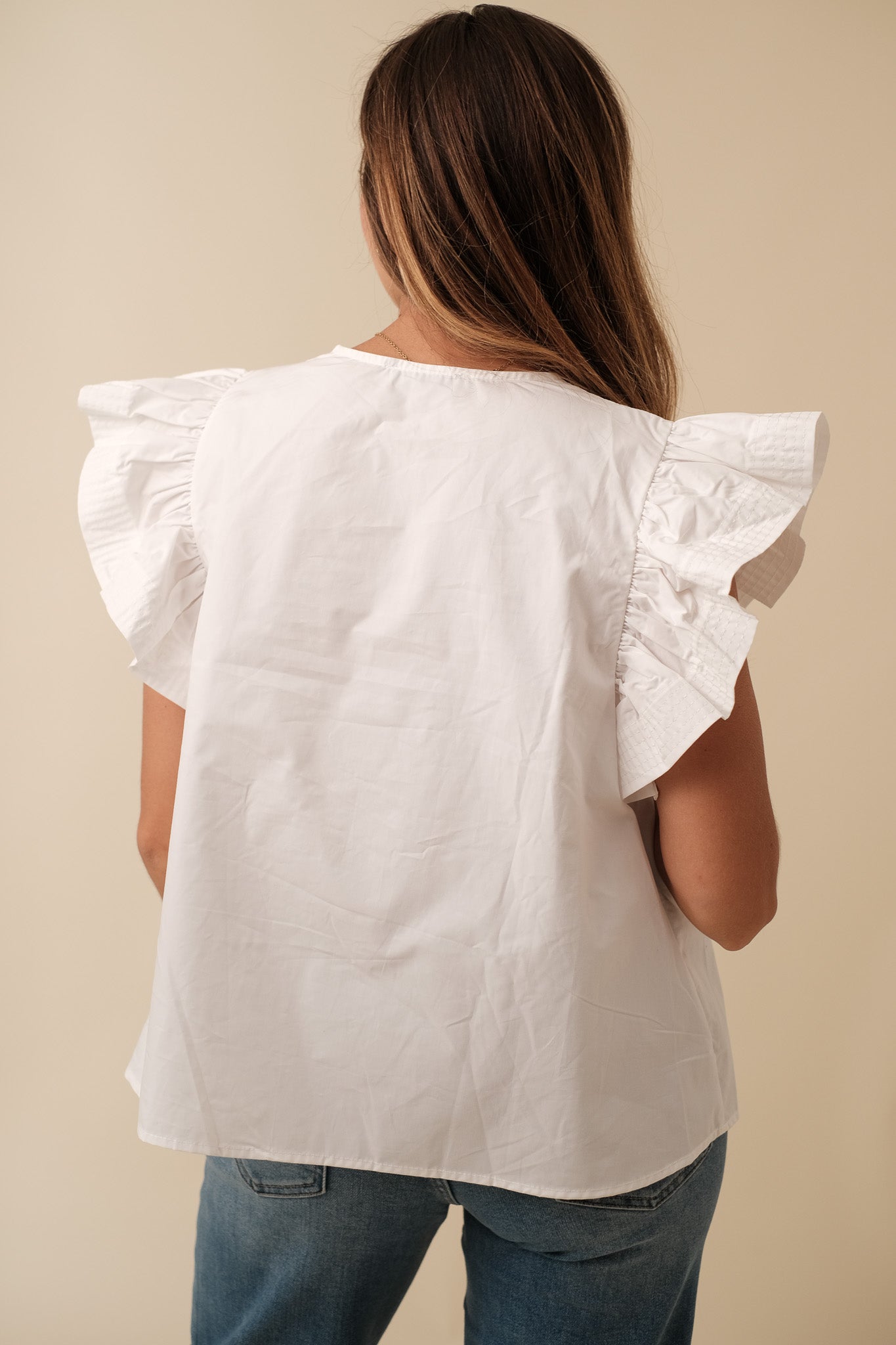 Addison Cotton Flutter Sleeve Poplin Top (White)