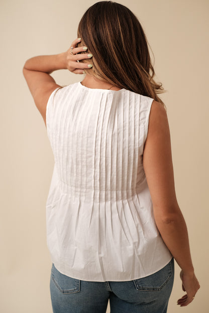 Charlotte Pintuck Poplin Cotton Sleeveless Top (White)