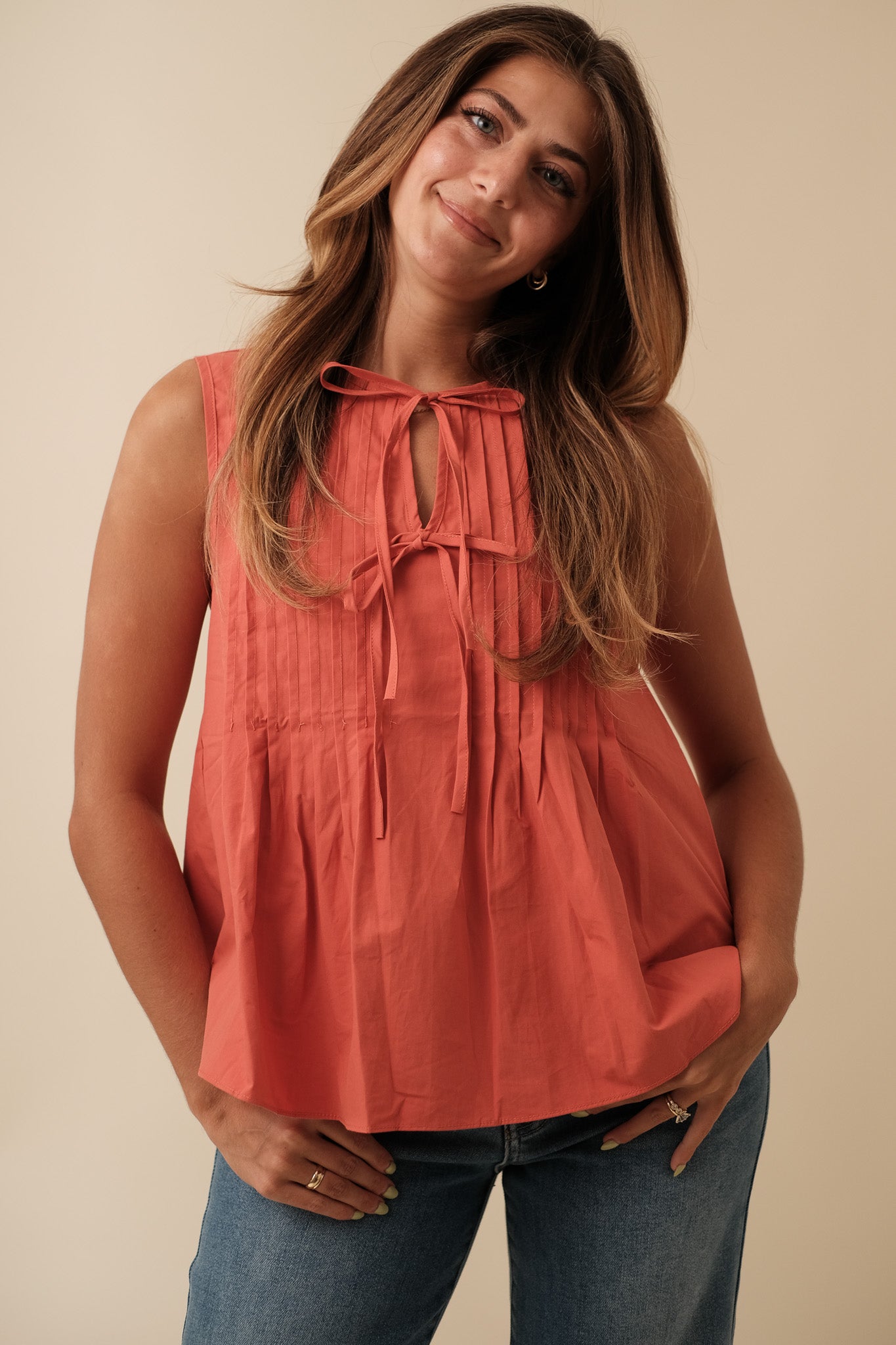 Charlotte Pintuck Poplin Cotton Sleeveless Top (Rust)