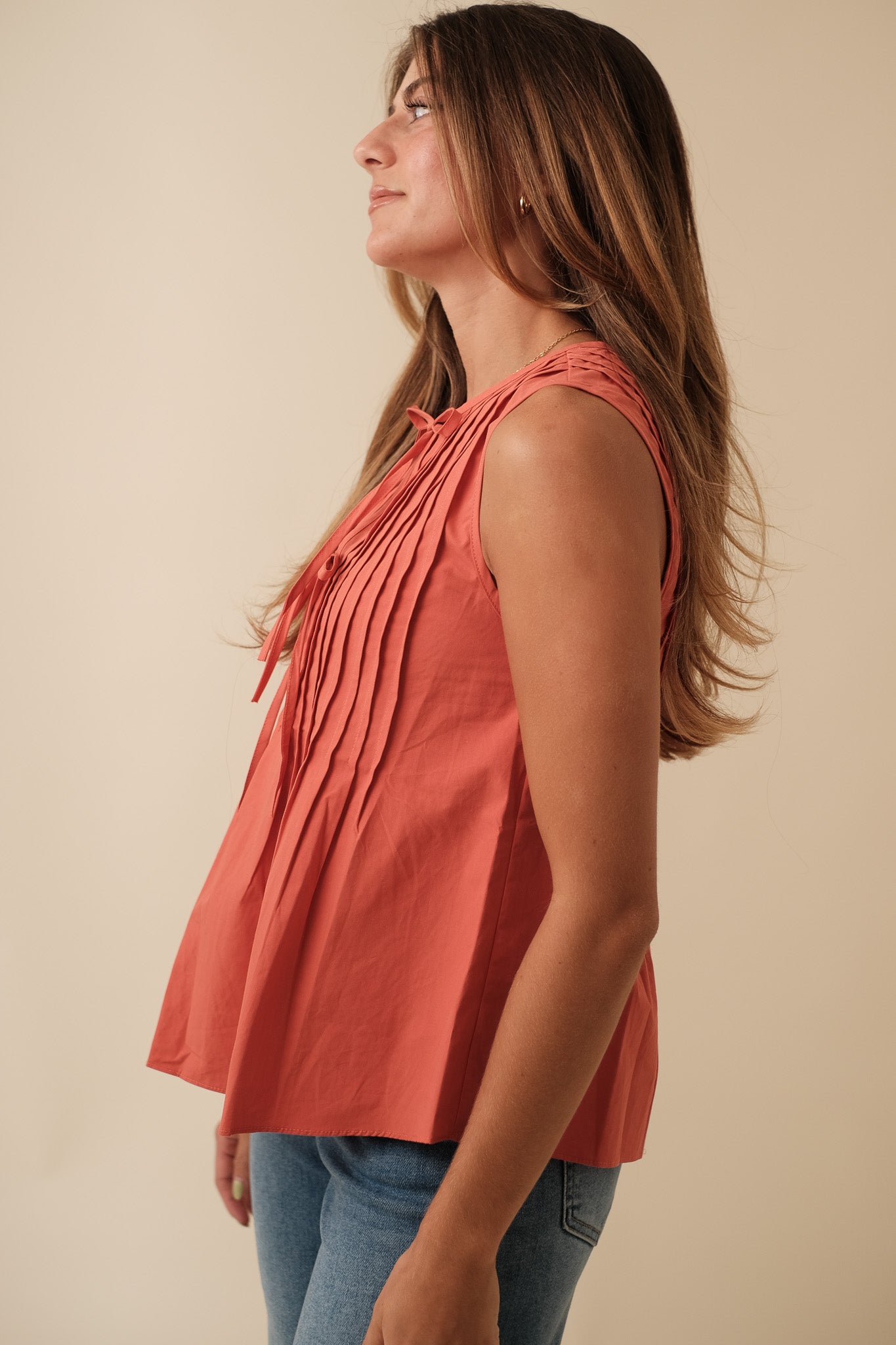 Charlotte Pintuck Poplin Cotton Sleeveless Top (Rust)