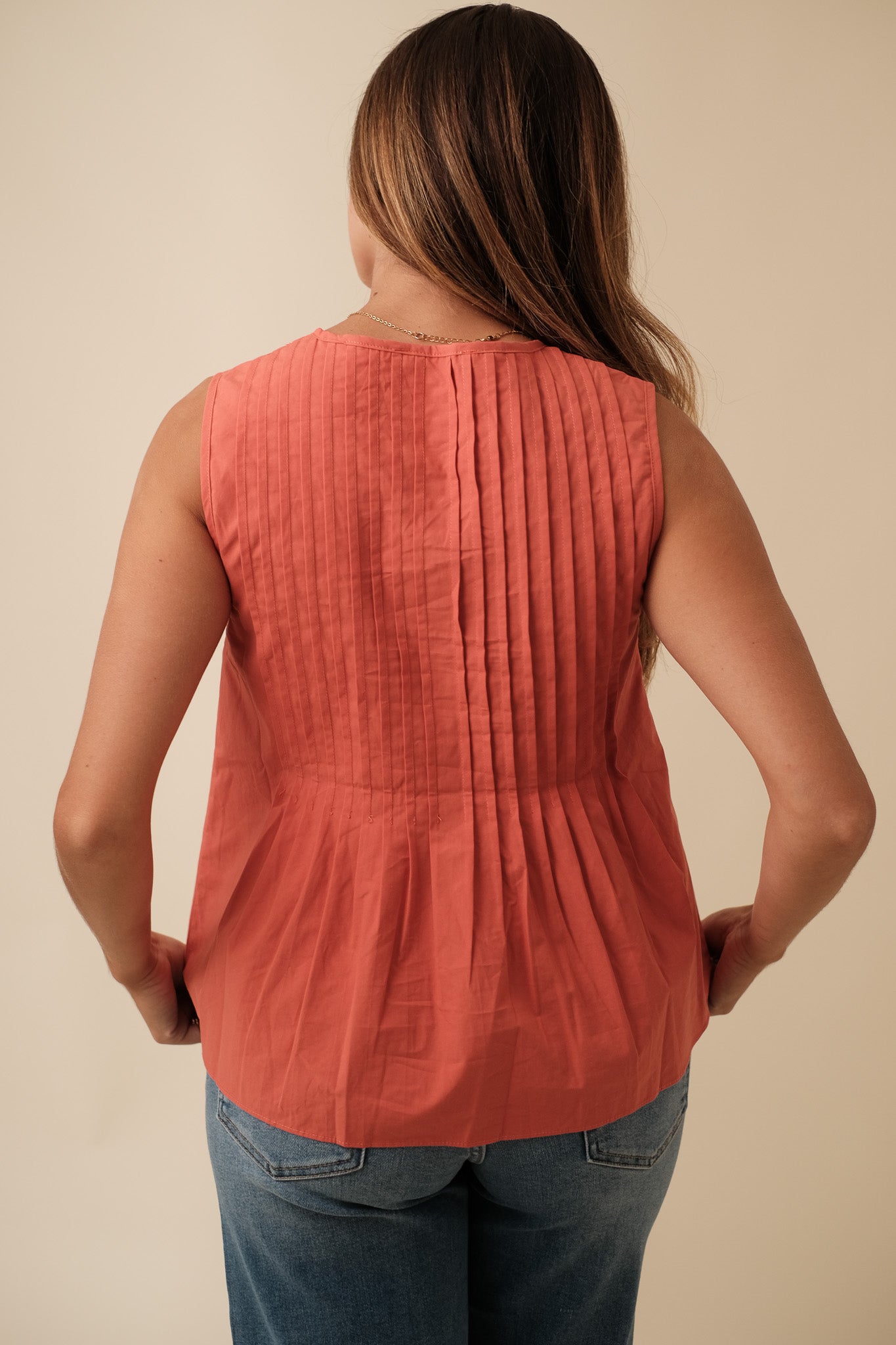 Charlotte Pintuck Poplin Cotton Sleeveless Top (Rust)