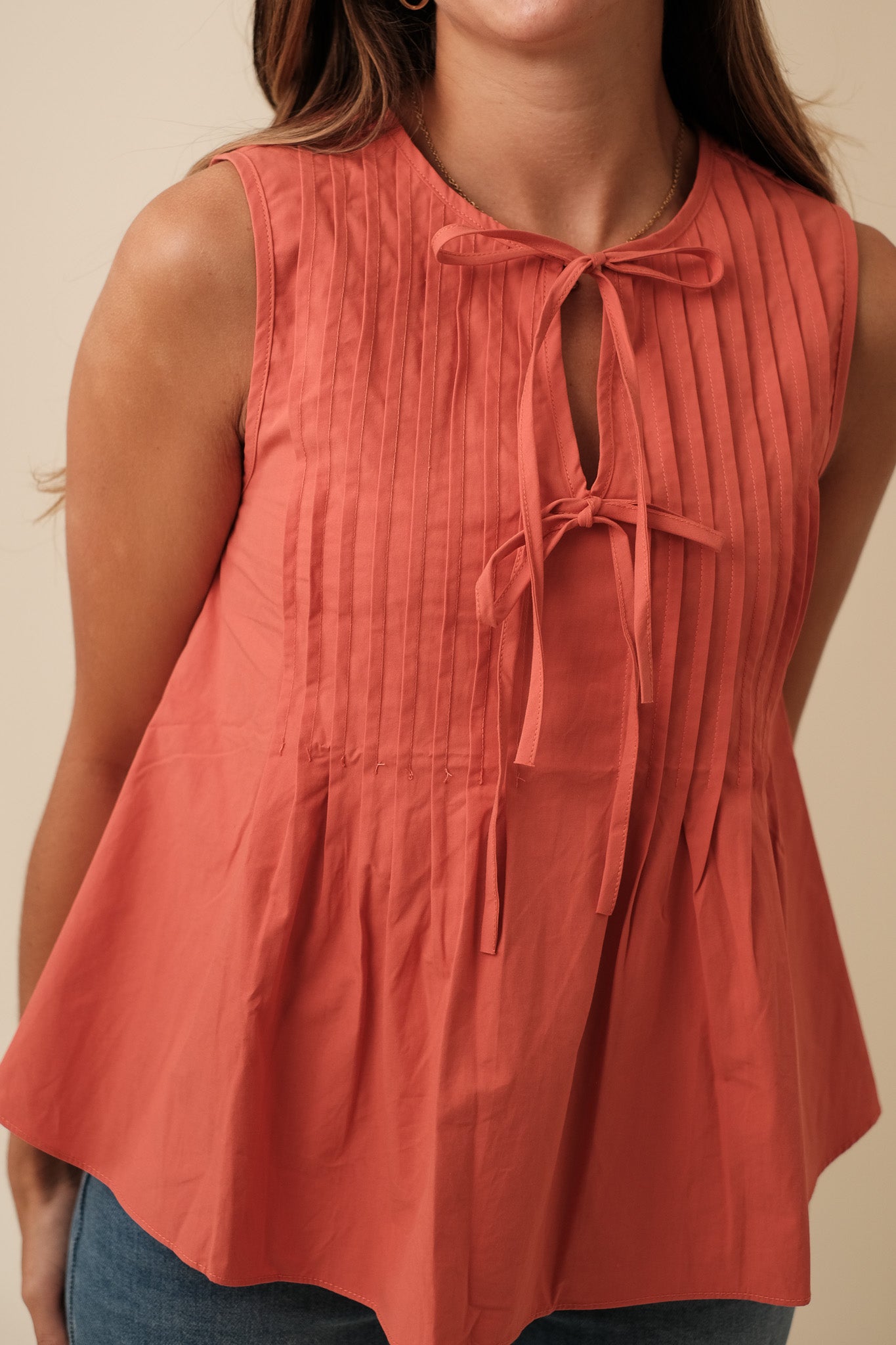 Charlotte Pintuck Poplin Cotton Sleeveless Top (Rust)