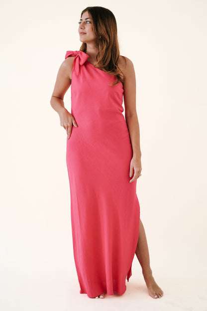 Lucy Paris Sabrina Fuschia Linen One Shoulder Maxi Dress (S)