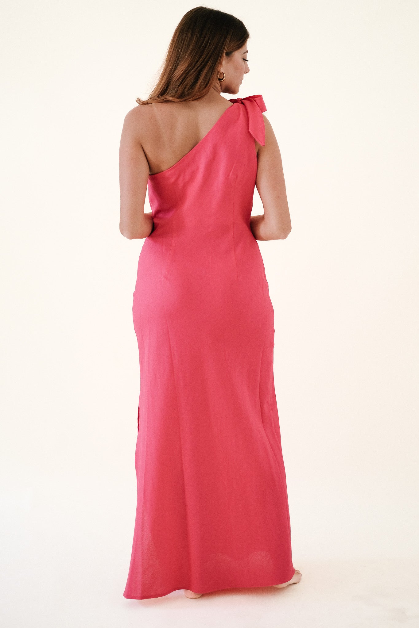 Lucy Paris Sabrina Fuschia Linen One Shoulder Maxi Dress (S)