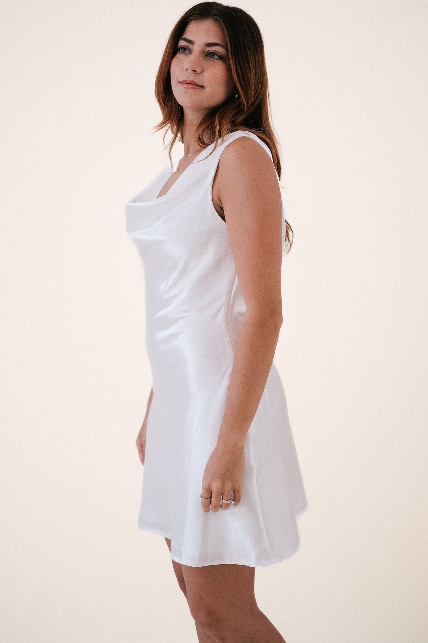 Tabitha Satin Sleeveless Cowl Neck Mini Dress (White)