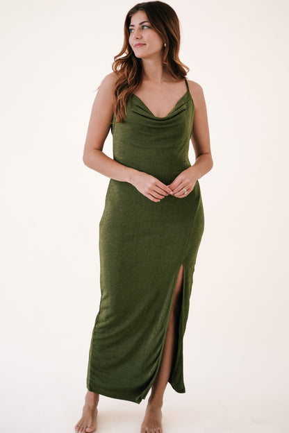 Athena Olive Shimmery Cowl Neck High Slit Maxi Dress