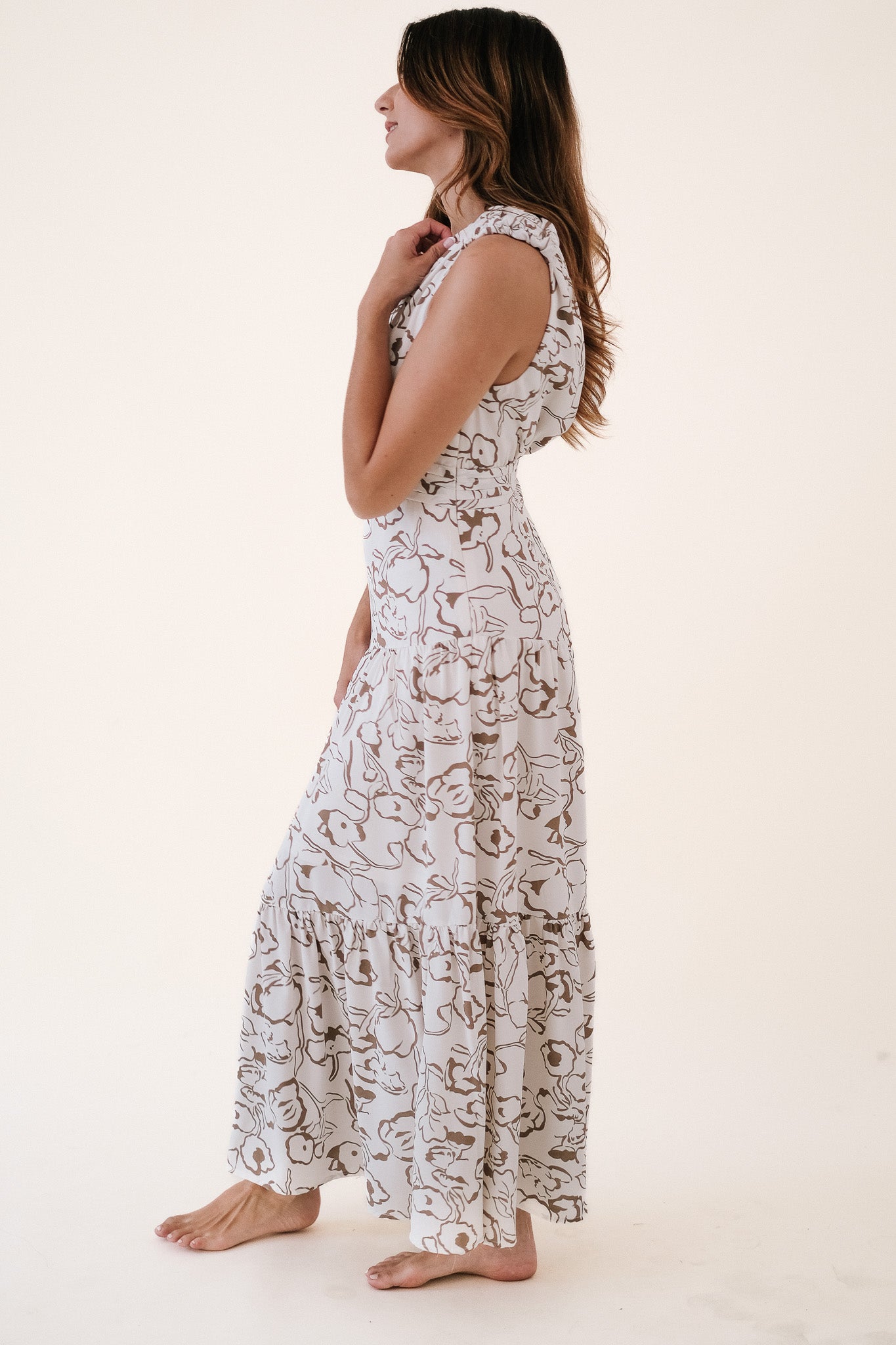 Alessia Cream Floral Asymmetric Tiered Midi Dress (L)